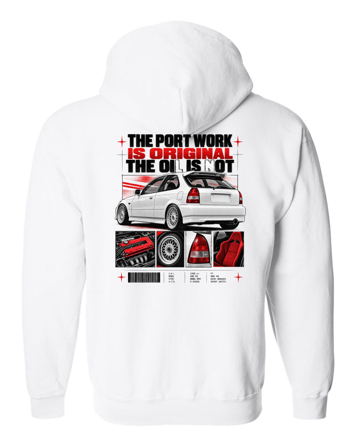 Dossier panel print of a 1998 Honda Civic EK9 chback with port work text white zip hoodie back view with the design