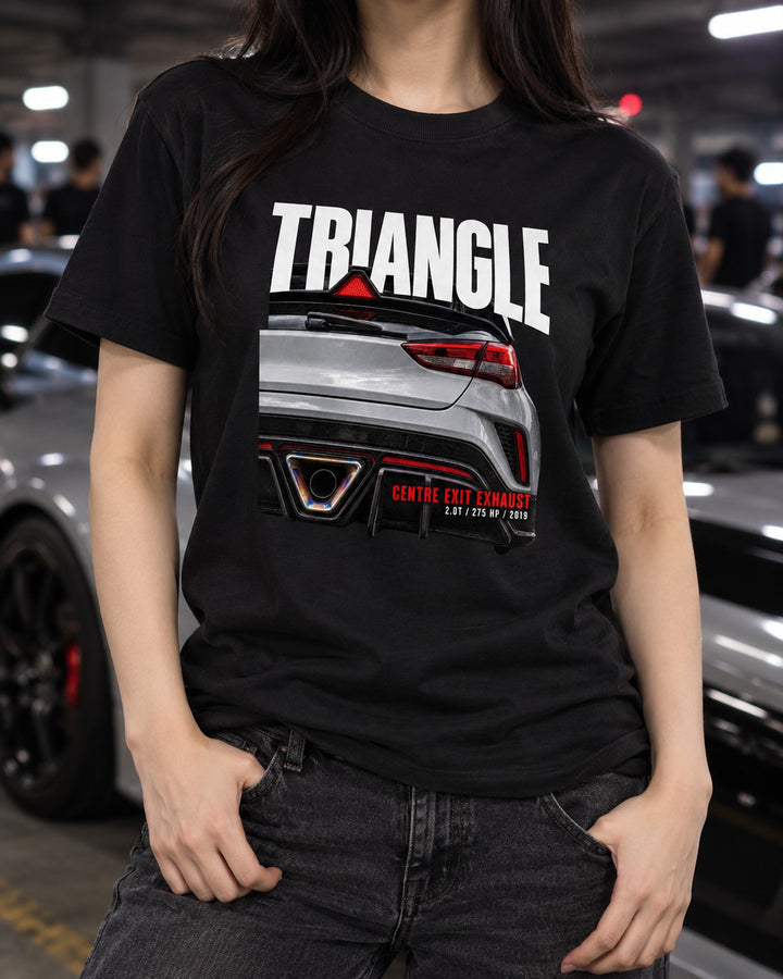 Hyundai Veloster N JS Rear Macro Shirt, Centre Exit Exhaust Tee T-Shirt Black worn hero