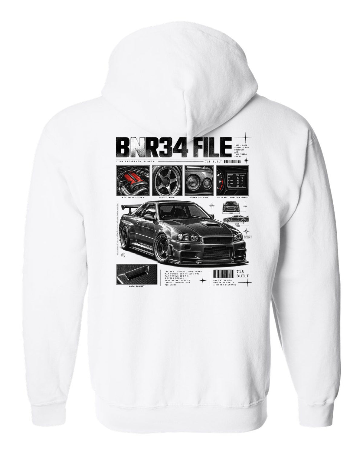 Dossier panel print of a Nissan Skyline GT-R R34 V-Spec II Nur with 718 built text white zip hoodie back view with the design