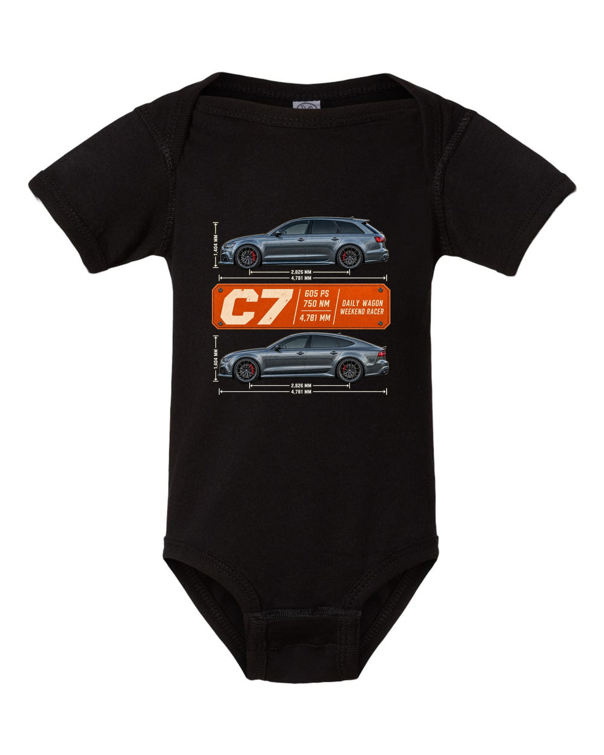 Audi RS4 Avant B9 spec poster print with 450 PS and 600 Nm black baby onesie front view with the design