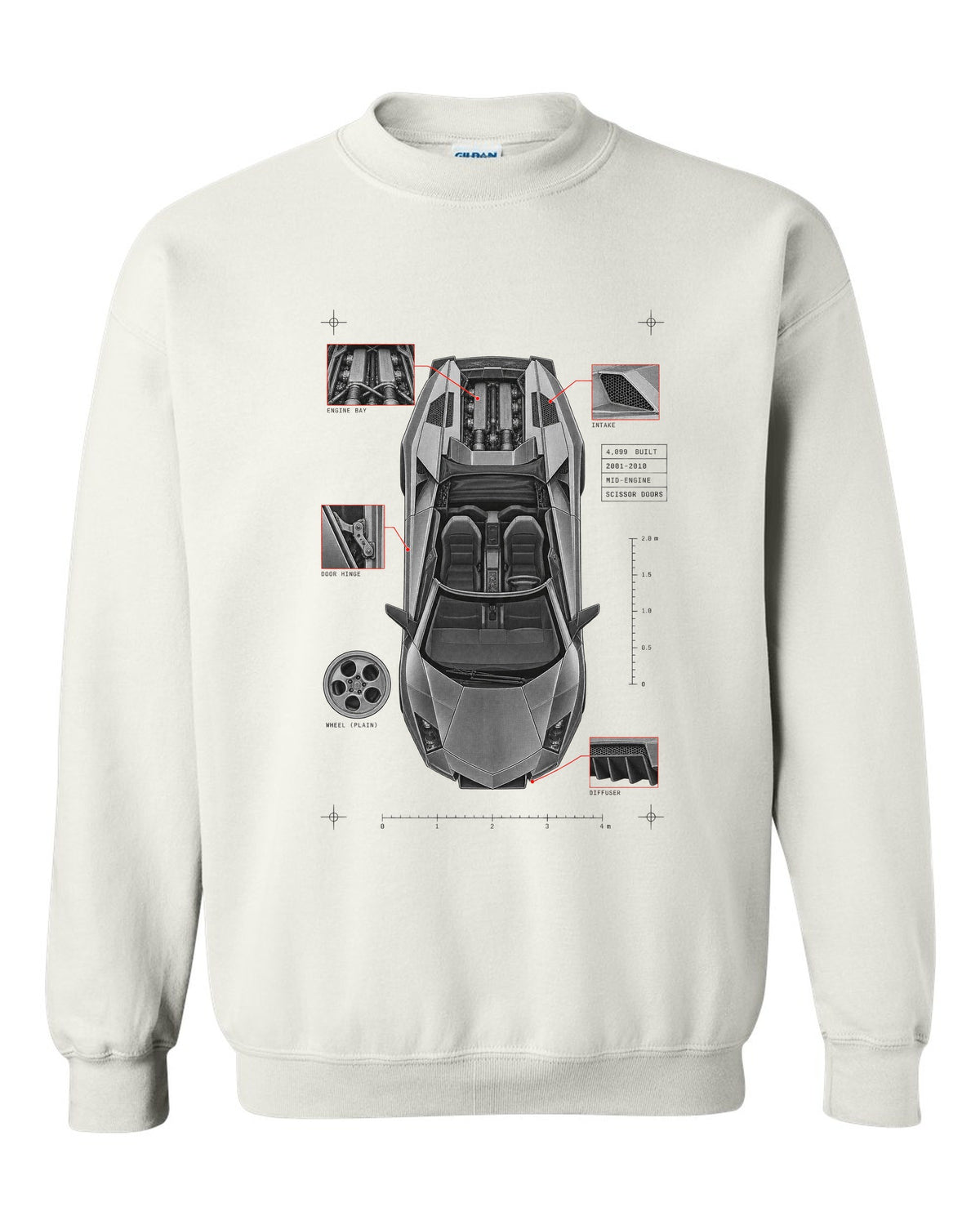 Spec poster print of a Lamborghini Murcielago LP640 Roadster with 4,099 built and scissor doors white crewneck front view with the design
