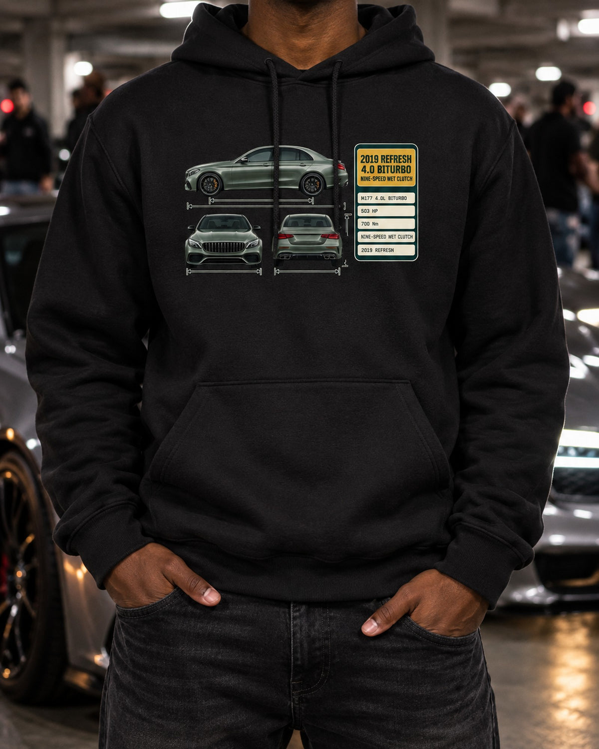Mercedes-AMG C63 S W205 Facelift Spec Poster Shirt, Car Guy Gift Pull Over Hoodie Black worn hero