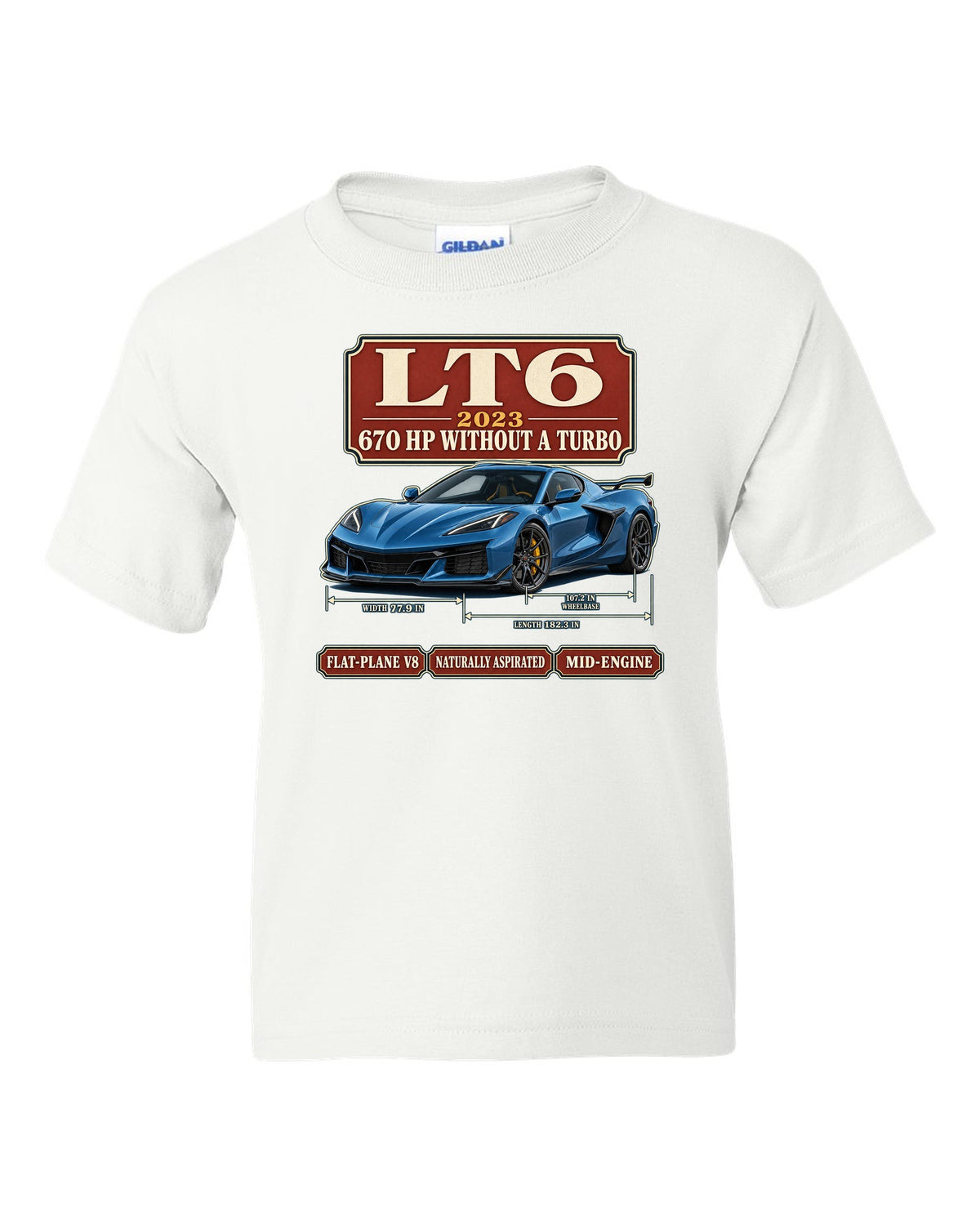 print of a Chevrolet Corvette C8 Z06 in an archive panel layout with LT6 and 670 HP text white kids tee front view with the design