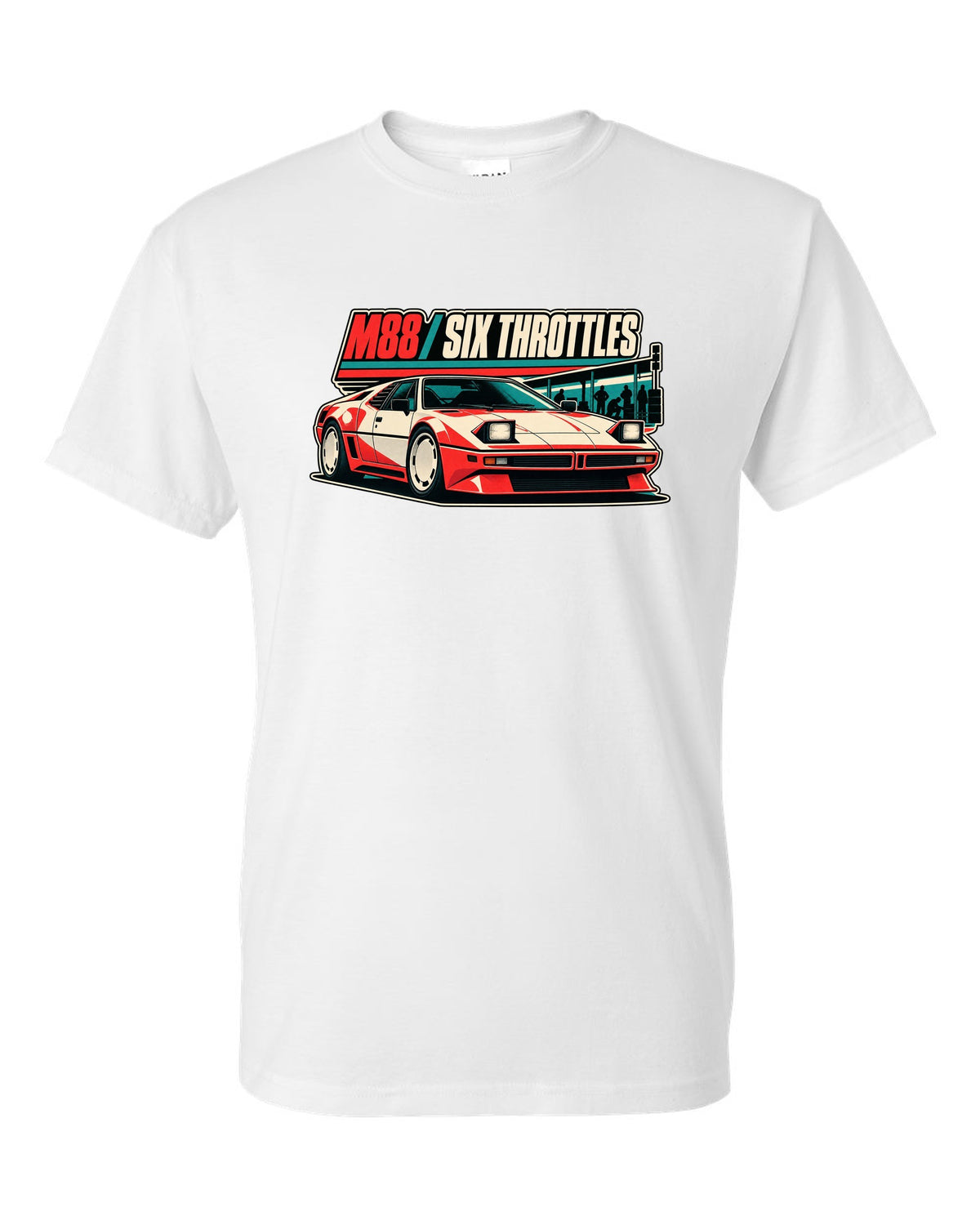 Vintage race poster print of a BMW M1 E26 with M88 six throttles lettering white t-shirt front view with the design