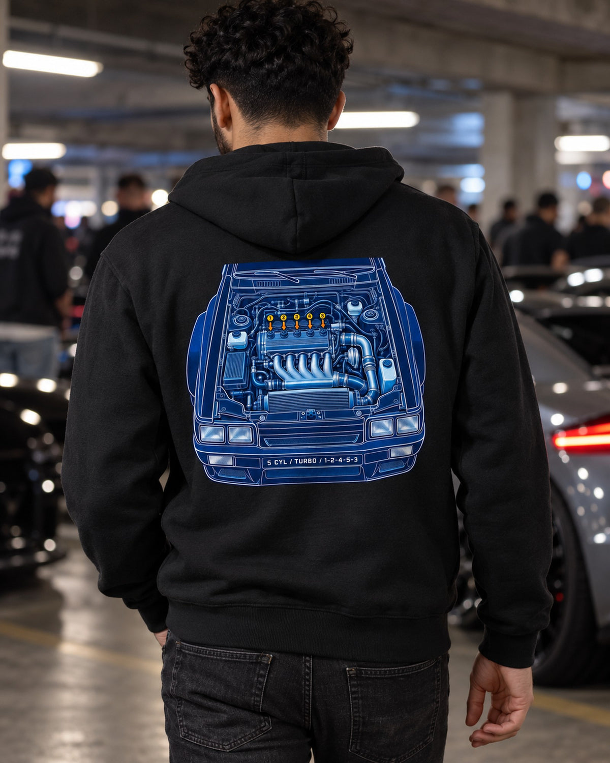 Audi Ur-Quattro Type 85 Cyanotype Blueprint Shirt, 1-2-4-5-3 Zip Hoodie Black worn hero