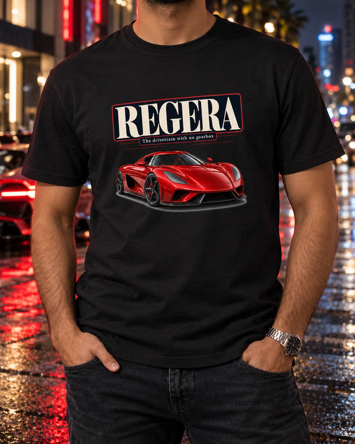 Koenigsegg Regera Drivetrain With No Gearbox Editorial Shirt T-Shirt Black worn hero