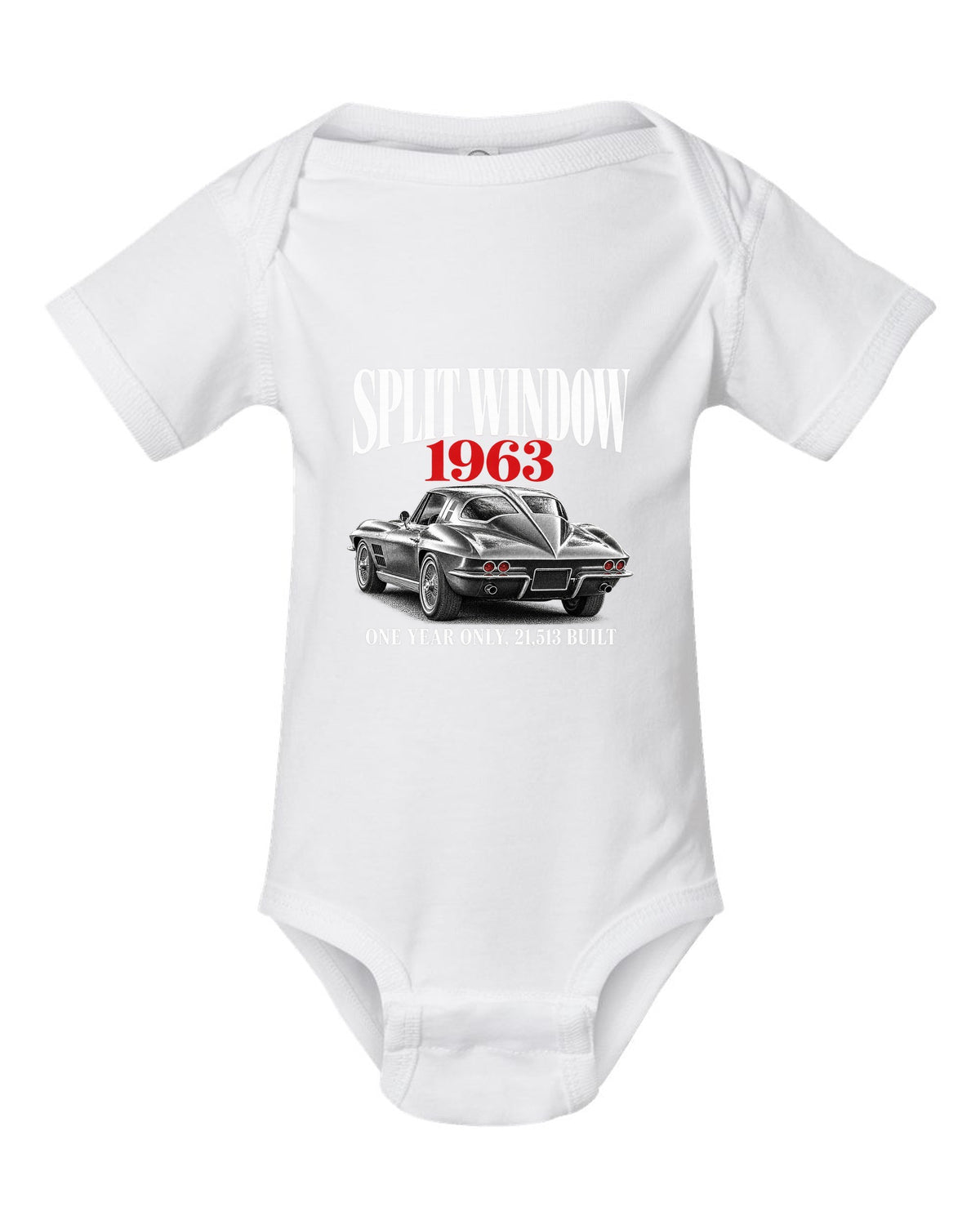 Chevrolet Corvette C2 Sting Ray 1963 split-window coupe editorial print white baby onesie front view with the design