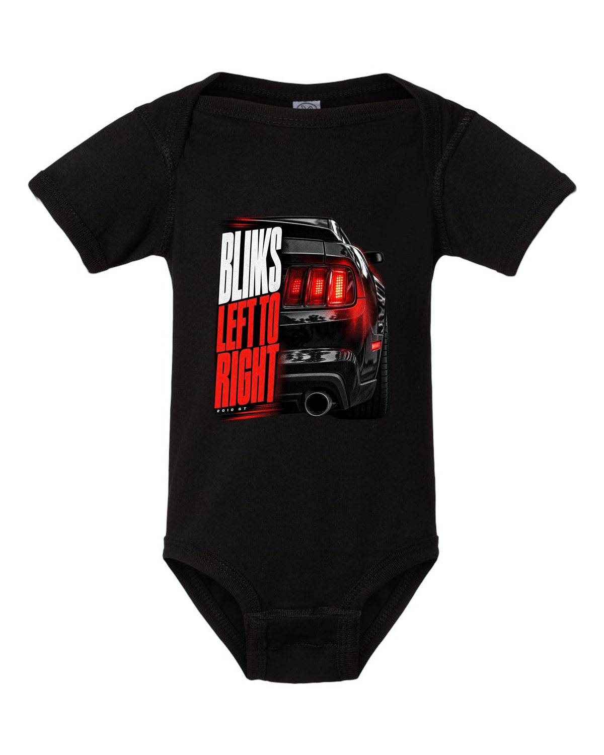 Macro print of a 2010 Ford Mustang S197 GT taillight black baby onesie front view with the design