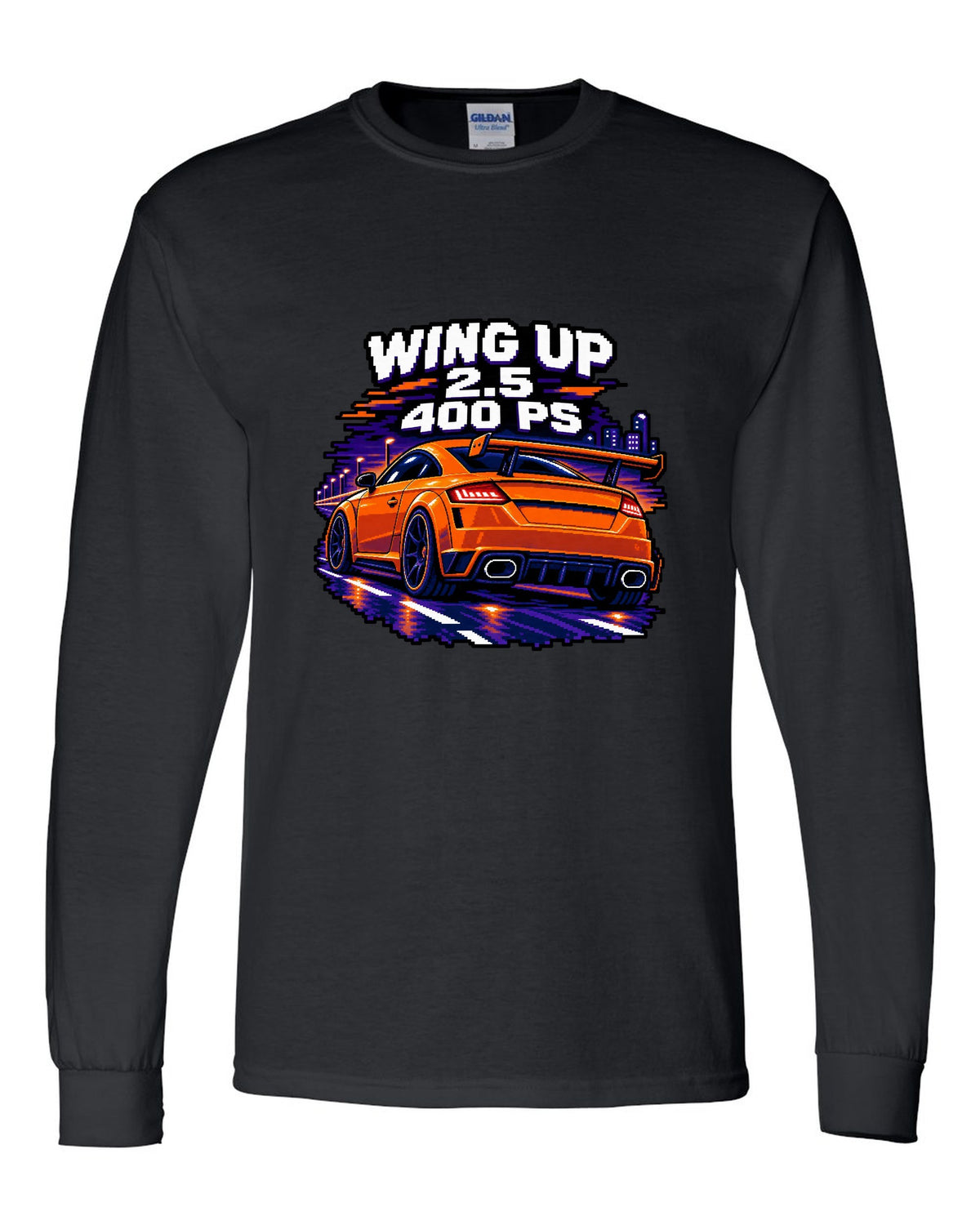 16-bit pixel art print of an Audi TT RS FV with rear wing up and 400 PS text black long sleeve front view with the design