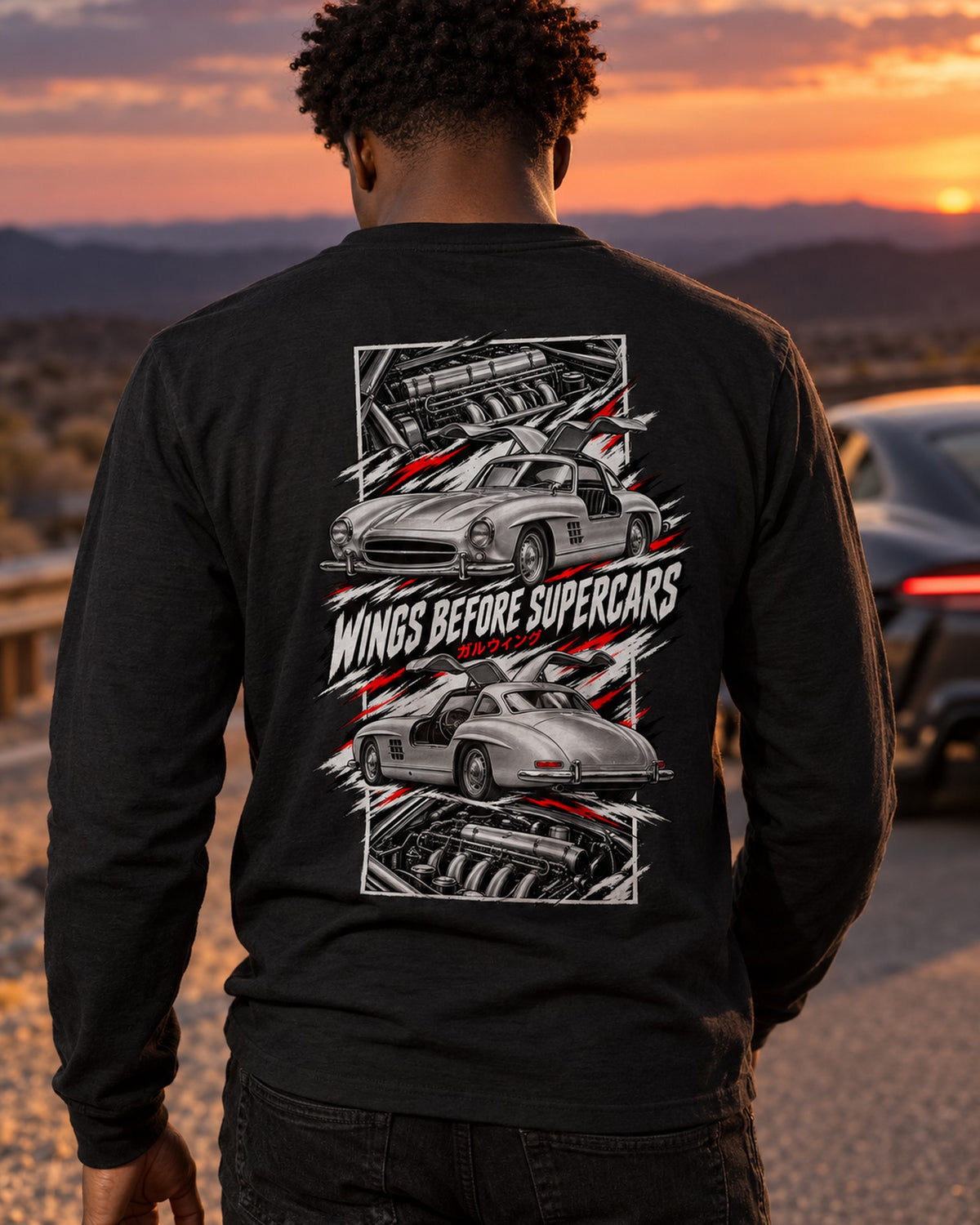 Mercedes 300 Sl Torn Poster Full-Back Graphic Tee Long Sleeve Black worn hero