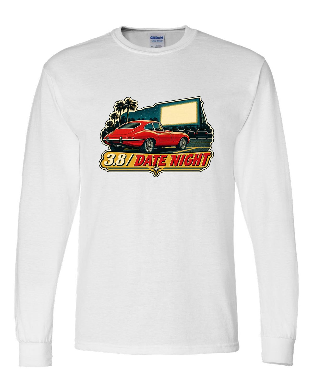 Jaguar E-Type Series 1 vintage race poster with 3.8 DATE NIGHT lettering white long sleeve front view with the design