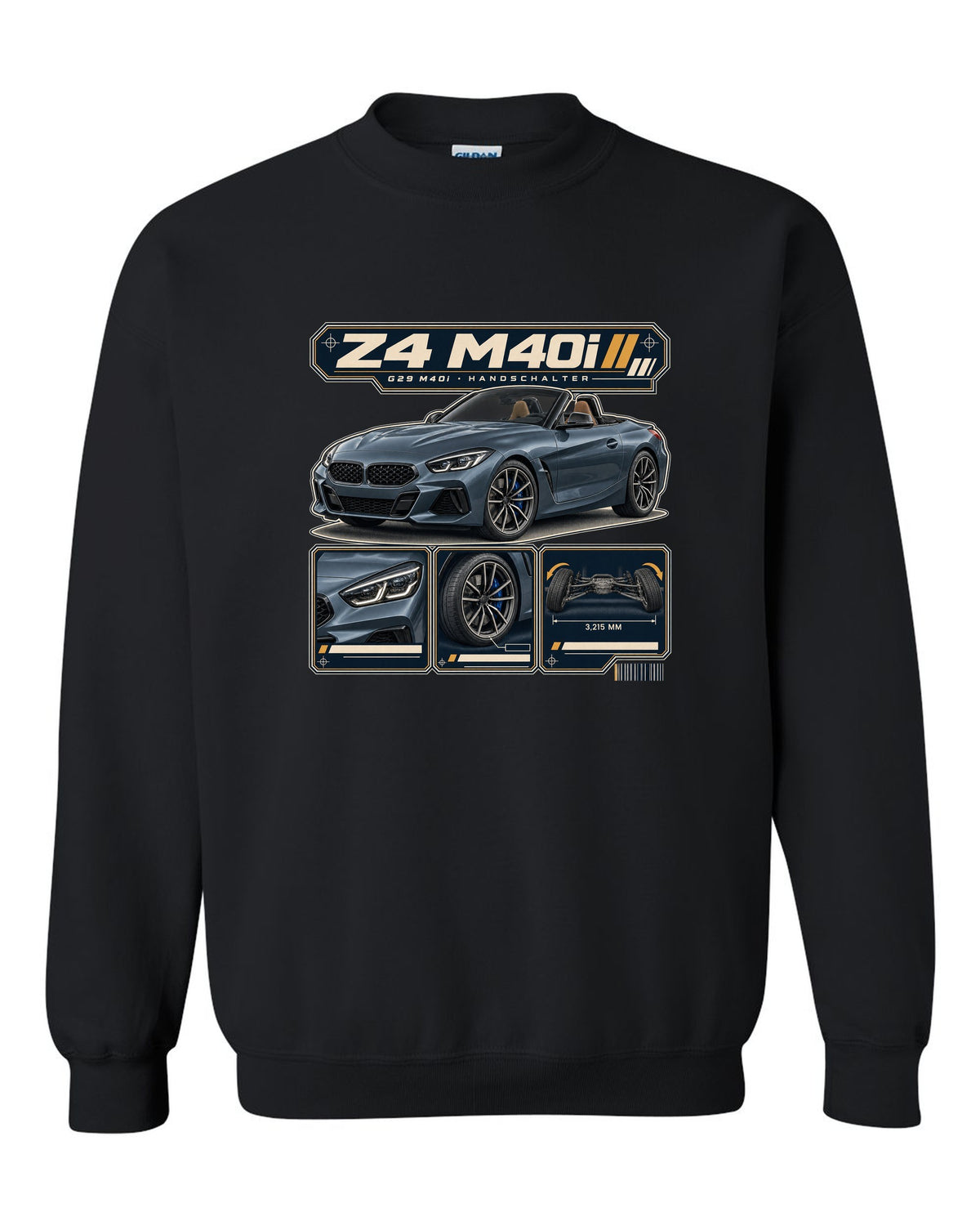 Dossier panel print of the BMW i7 M70 G70 noting rear wheel steering black crewneck front view with the design
