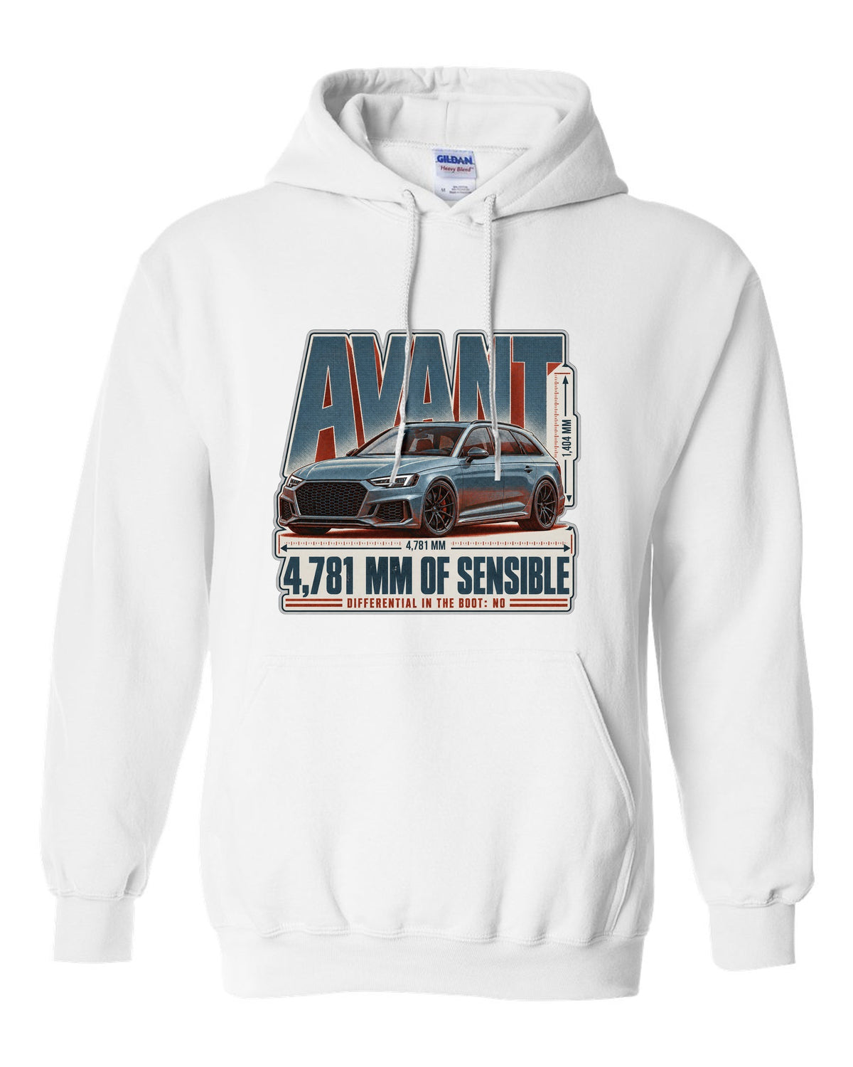 Audi RS4 Avant B9 halftone statement print with wagon text white pull over hoodie front view with the design