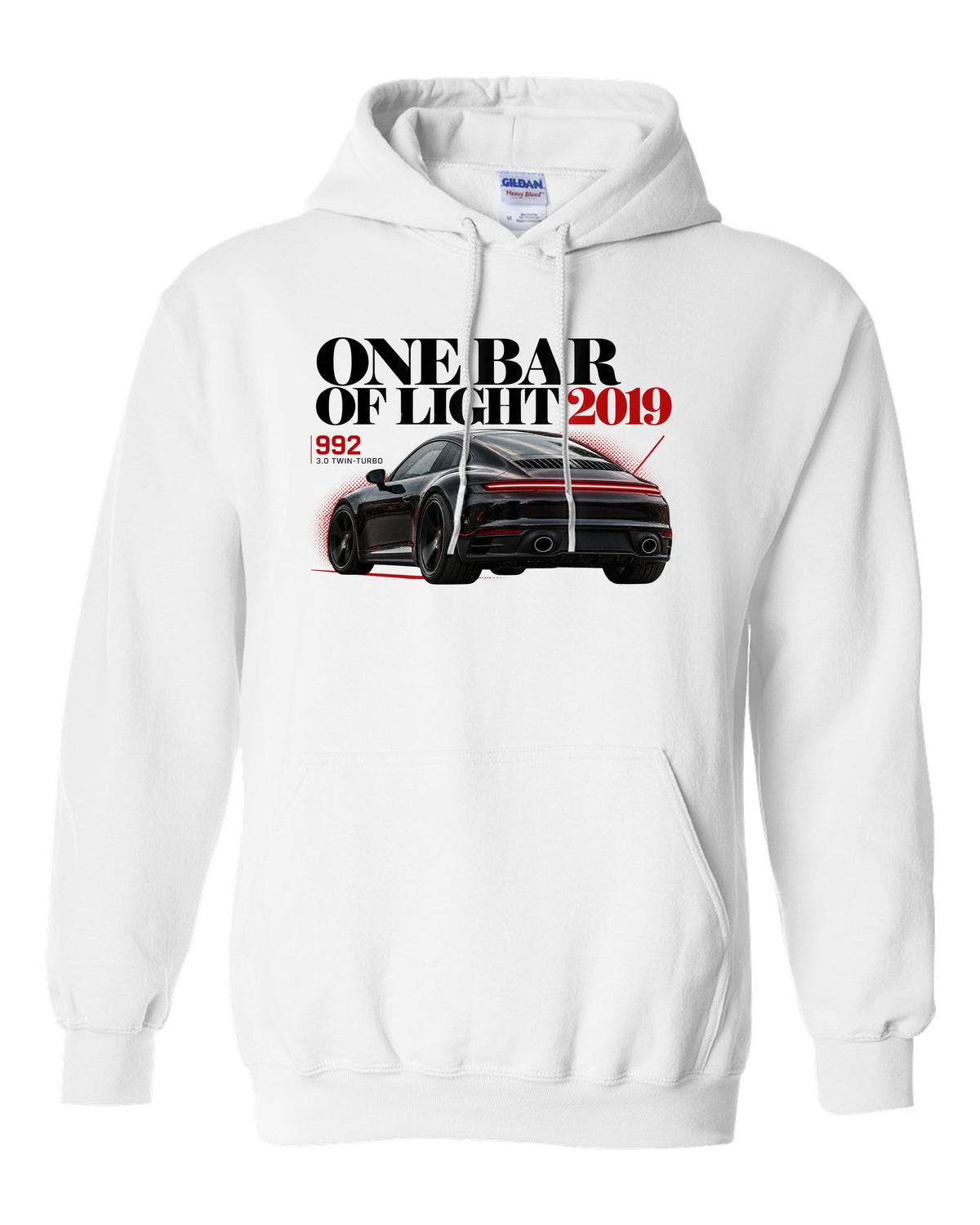 Editorial headline print of a Porsche 911 Carrera S 992 with One Bar Of Light caption white pull over hoodie front view with the design