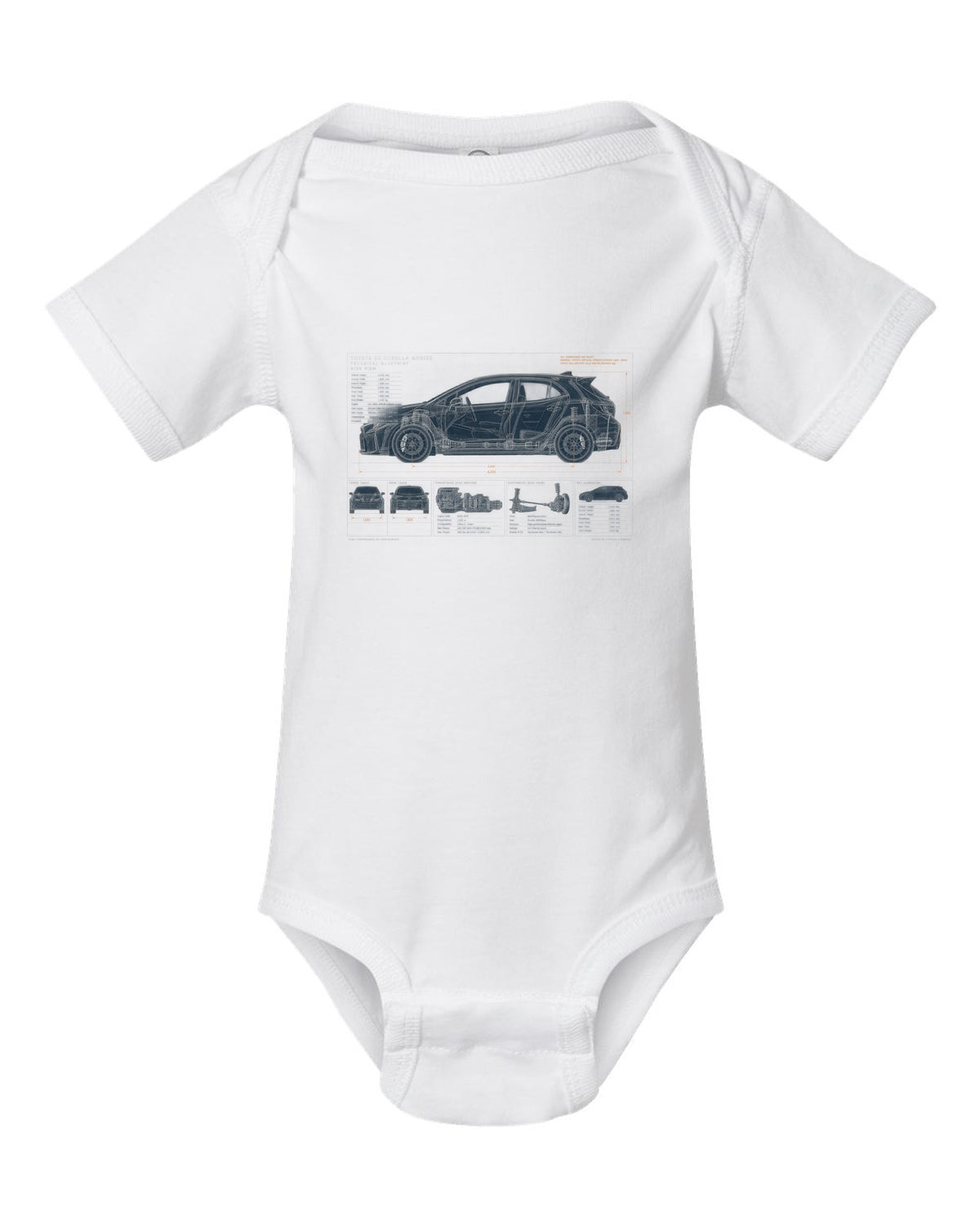 Toyota GR Yaris 2024 facelift front three-quarter with editorial headline white baby onesie front view with the design