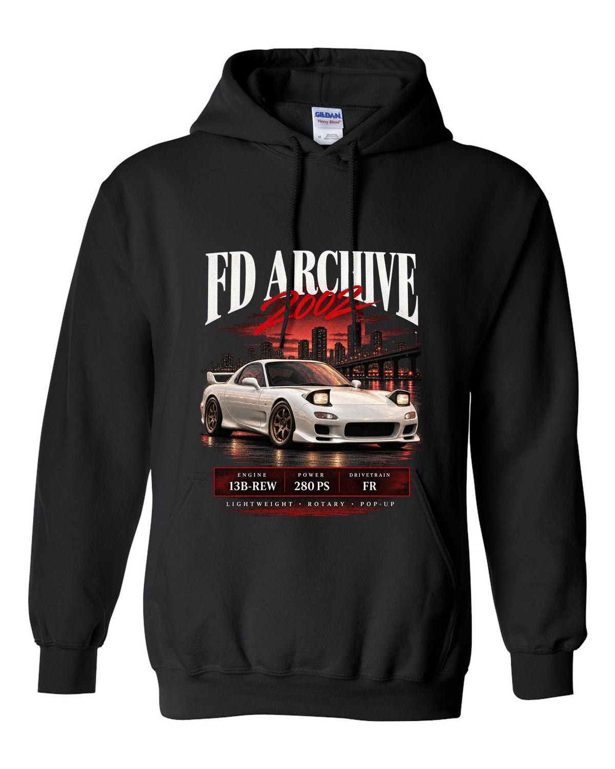 Archive panel print of the Mazda RX-7 FD3S Spirit R 2002 with spec lettering black pull over hoodie front view with the design