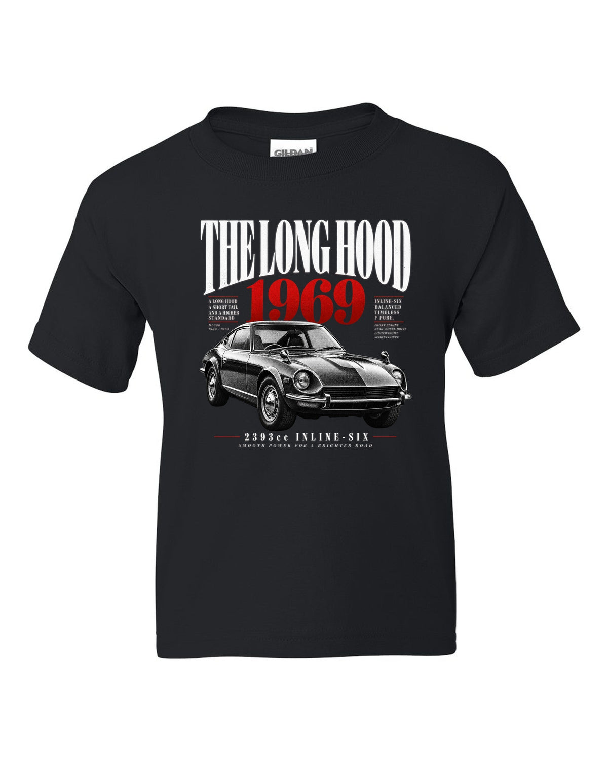 print of a Datsun 240Z HLS30 with editorial headline about the long hood and 2393cc inline-six black kids tee front view with the design