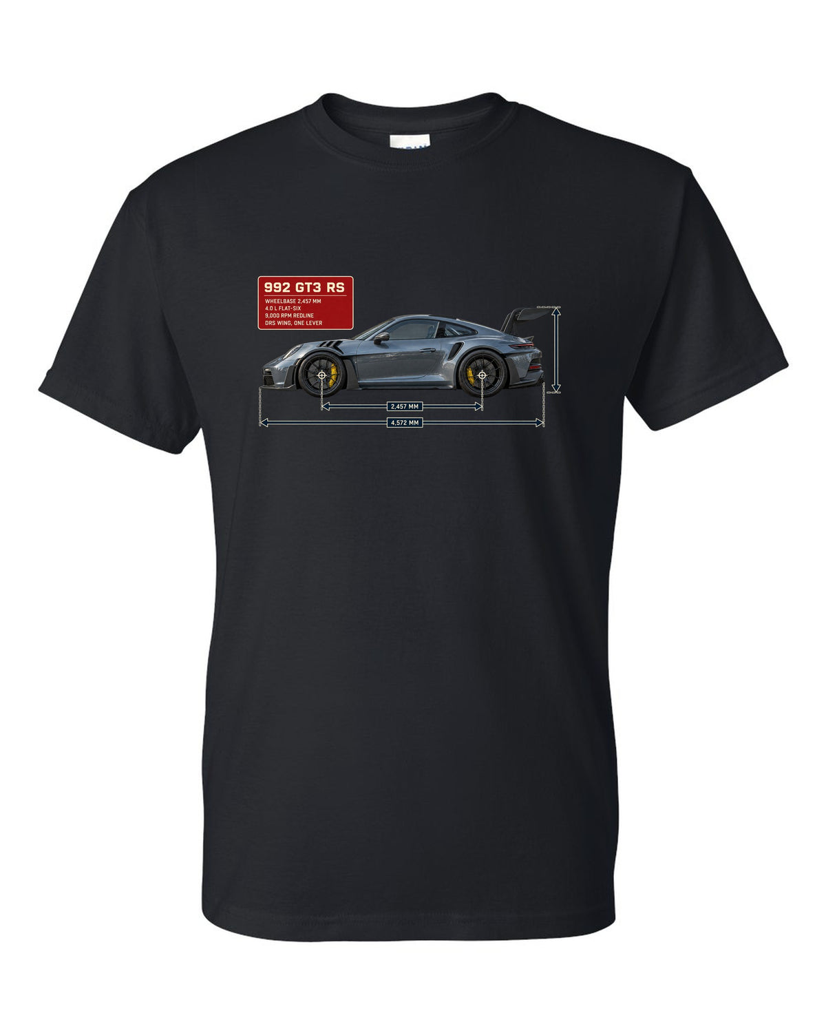 Porsche 992 GT3 RS dimension blueprint print design black t-shirt front view with the design