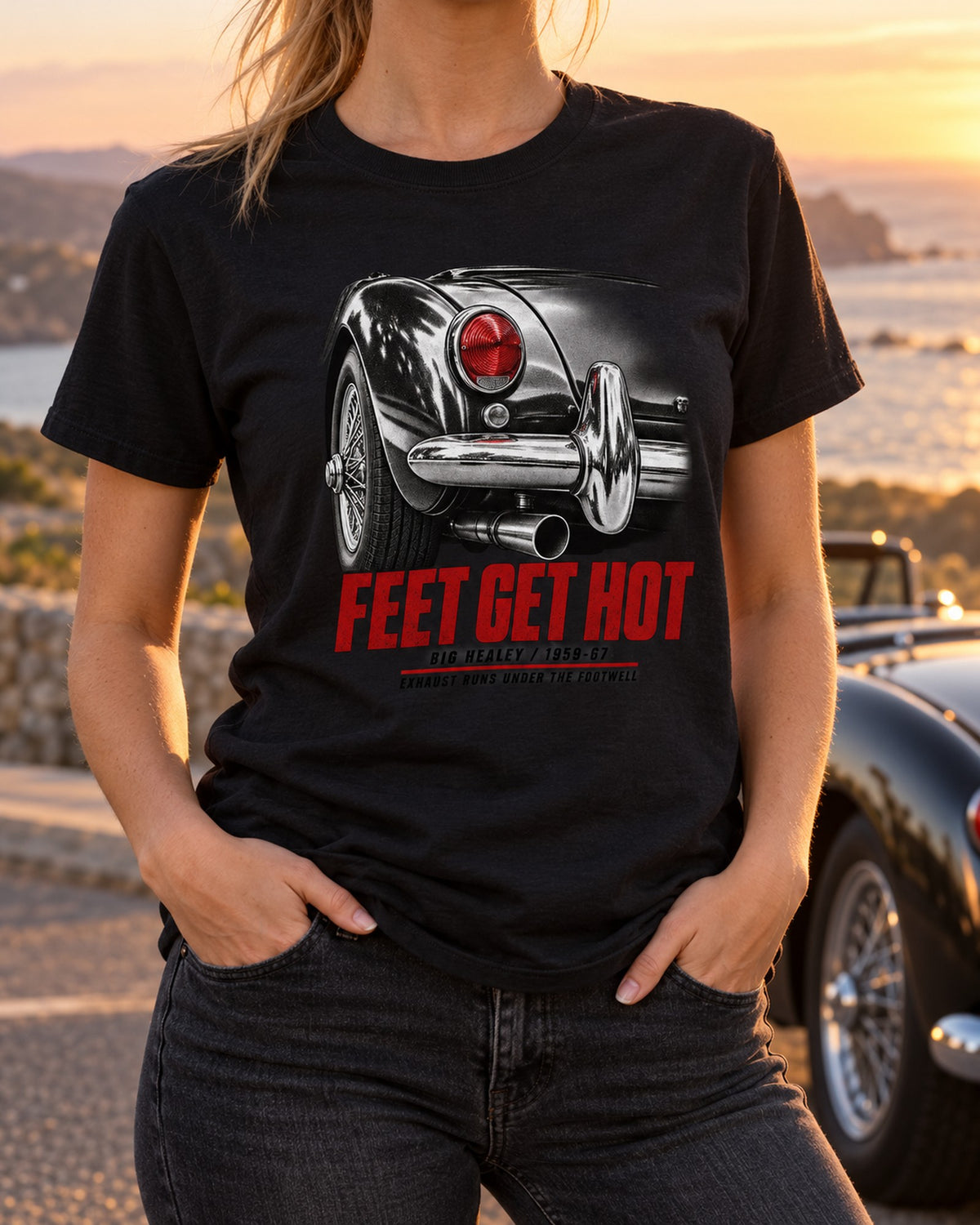 Austin-Healey 3000 Mk III BJ8 Taillight Shirt, Hot Feet Print T-Shirt Black worn hero