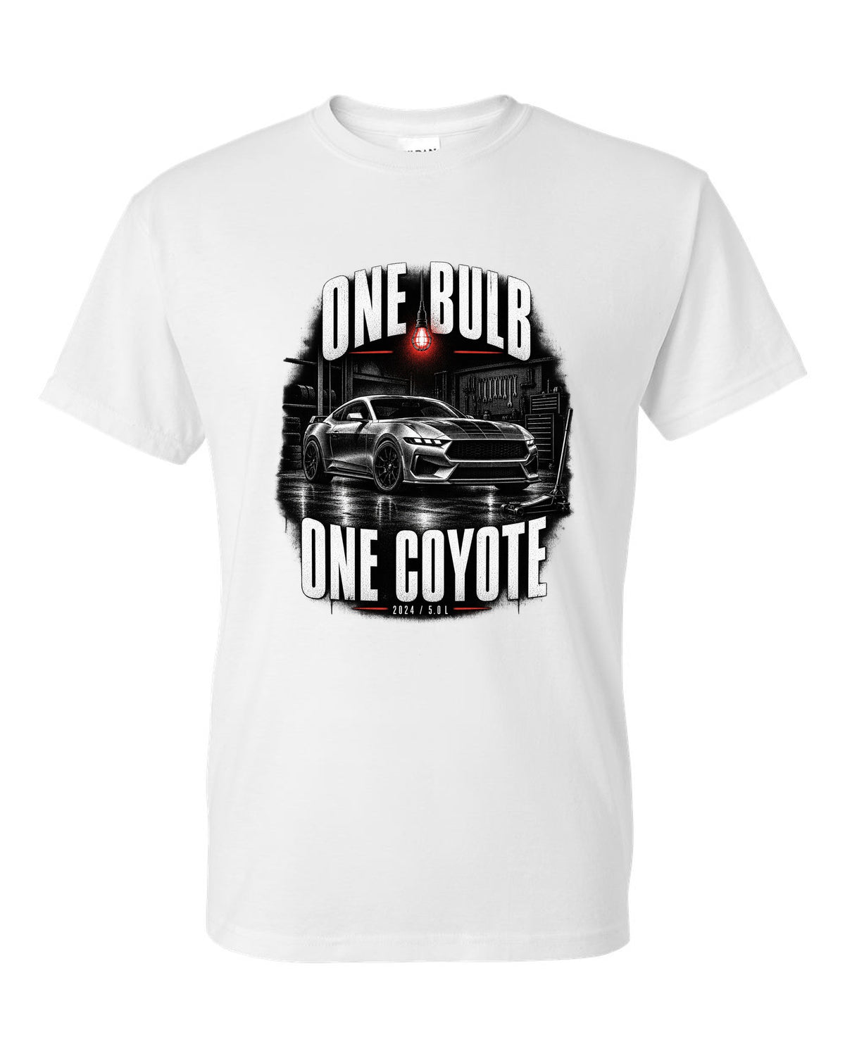 Ford Mustang S650 GT coupe in a dimly lit garage, one bulb one Coyote print white t-shirt front view with the design
