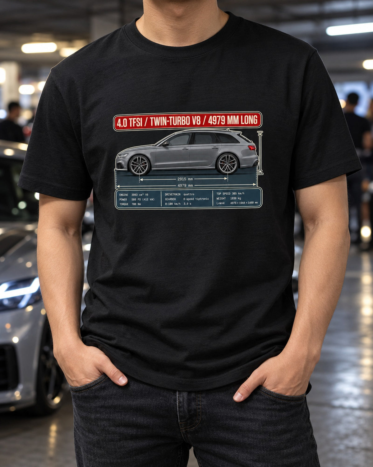 Audi RS6 Avant C7 Dimension Blueprint Shirt, 4.0 TFSI V8 T-Shirt Black worn hero