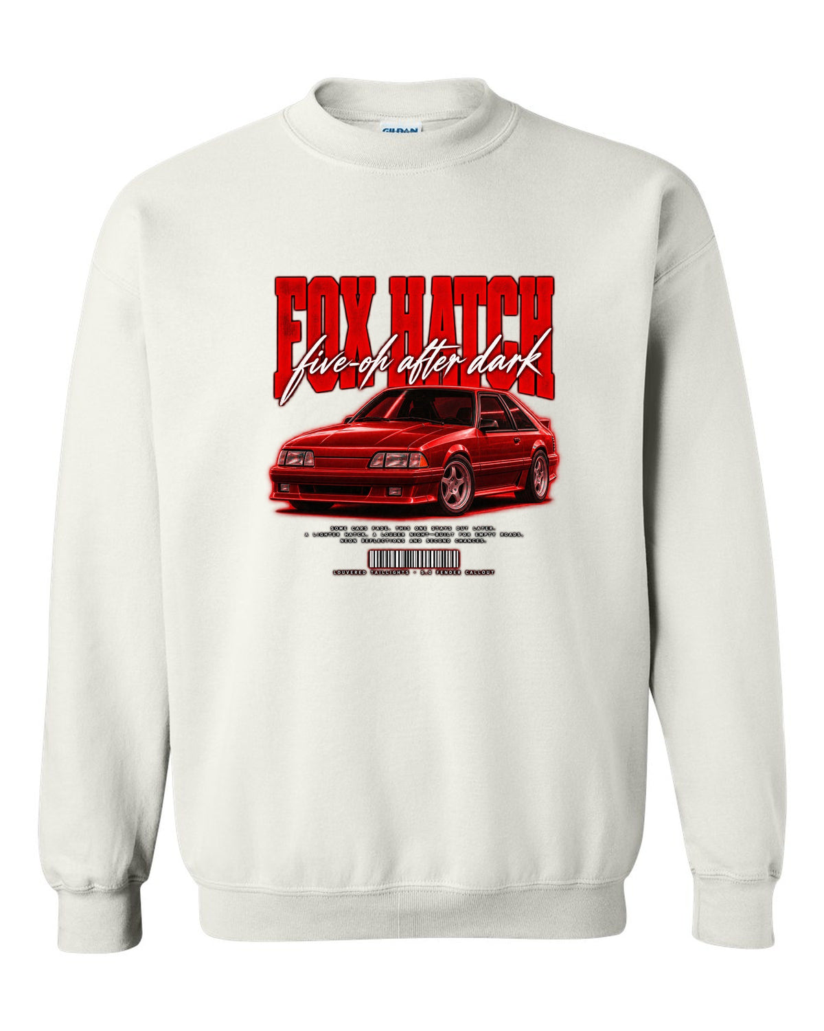 Street poster illustration of a Ford Mustang Fox body GT chback at night, five-oh after dark white crewneck front view with the design