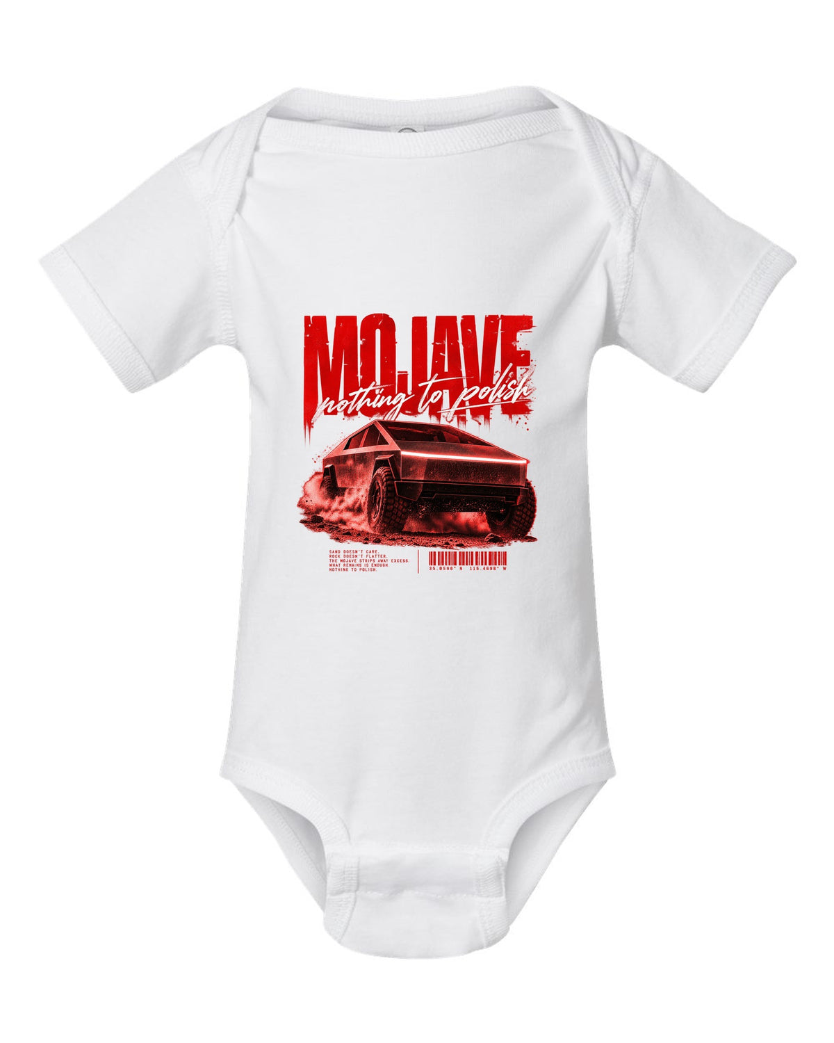 Tesla Cybertruck low front three-quarter on a Mojave desert road street poster white baby onesie front view with the design