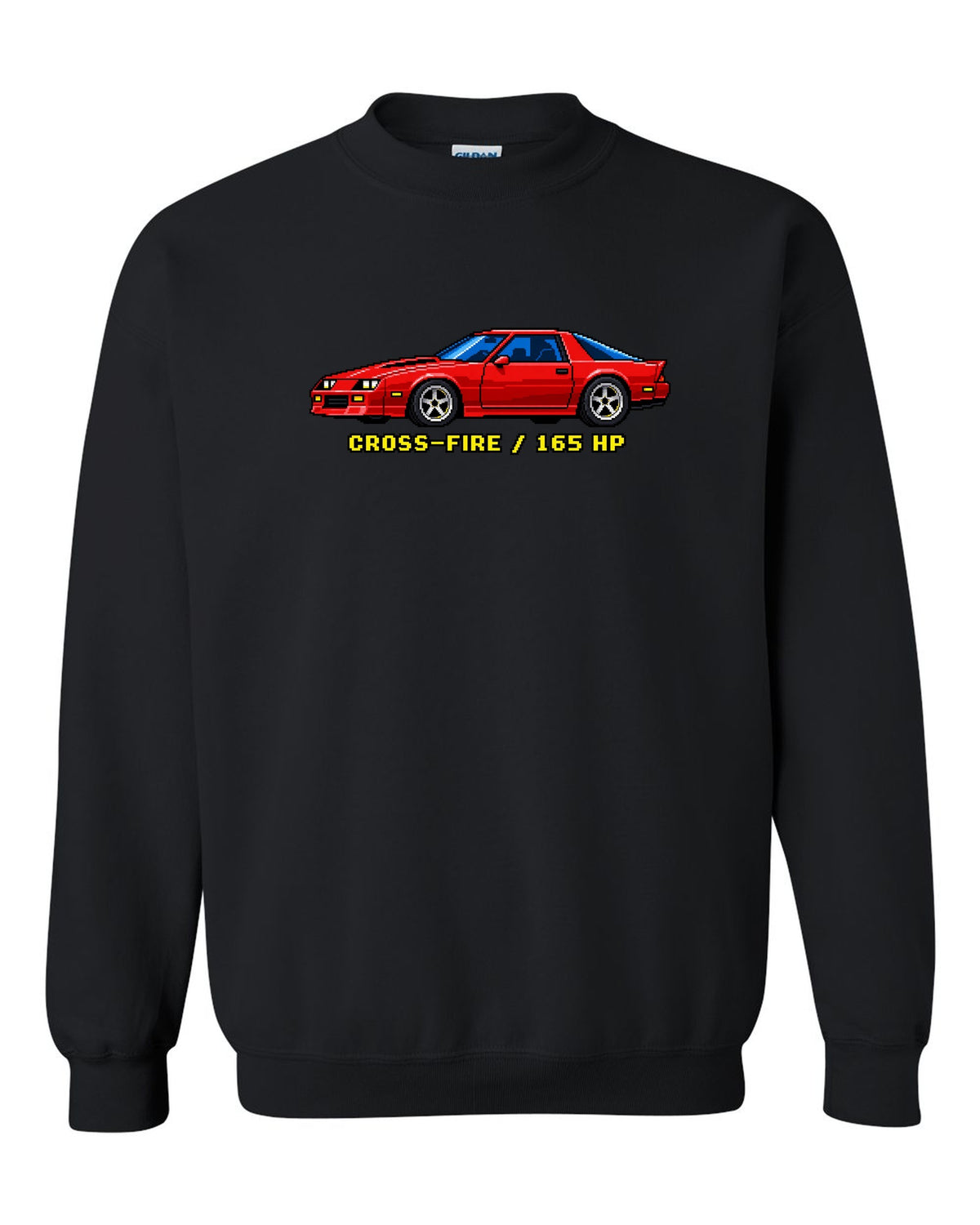 1982 Camaro Z28 third-generation chback in 16-bit pixel art with Cross-Fire 165 HP text black crewneck front view with the design