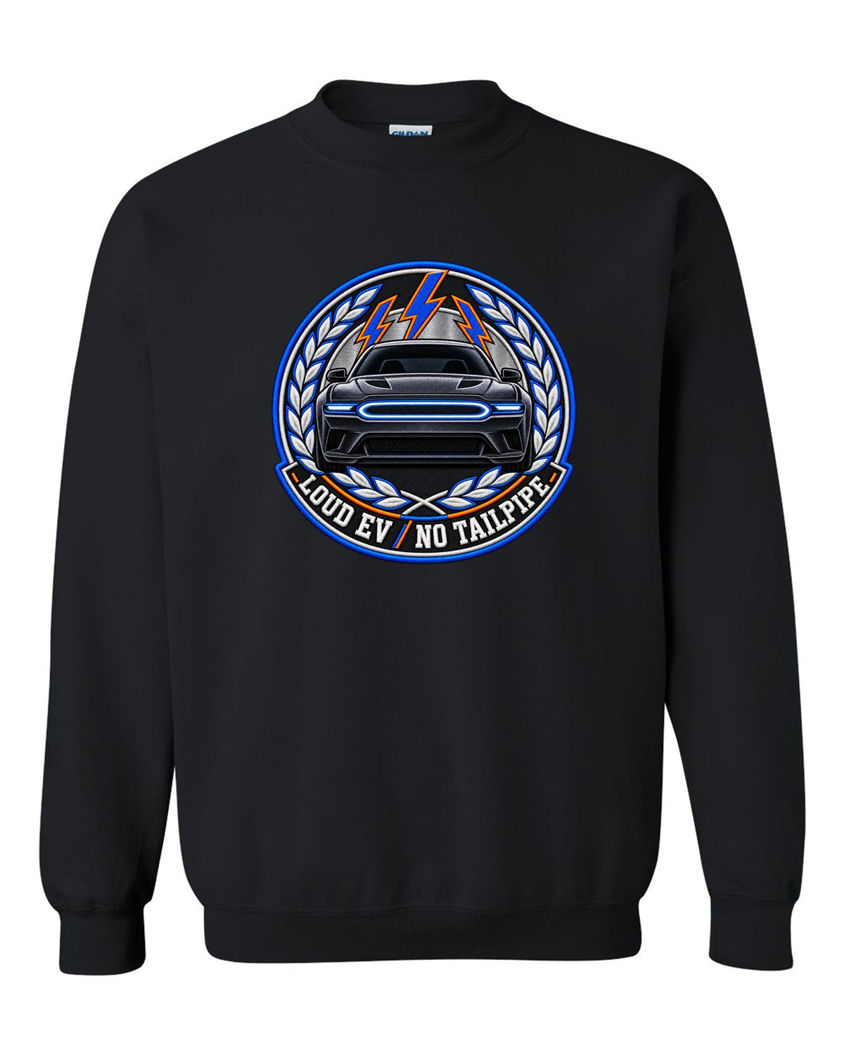 Embroidery-style varsity crest for the 2024 Dodge Charger Daytona EV with loud EV no tailpipe text black crewneck front view with the design