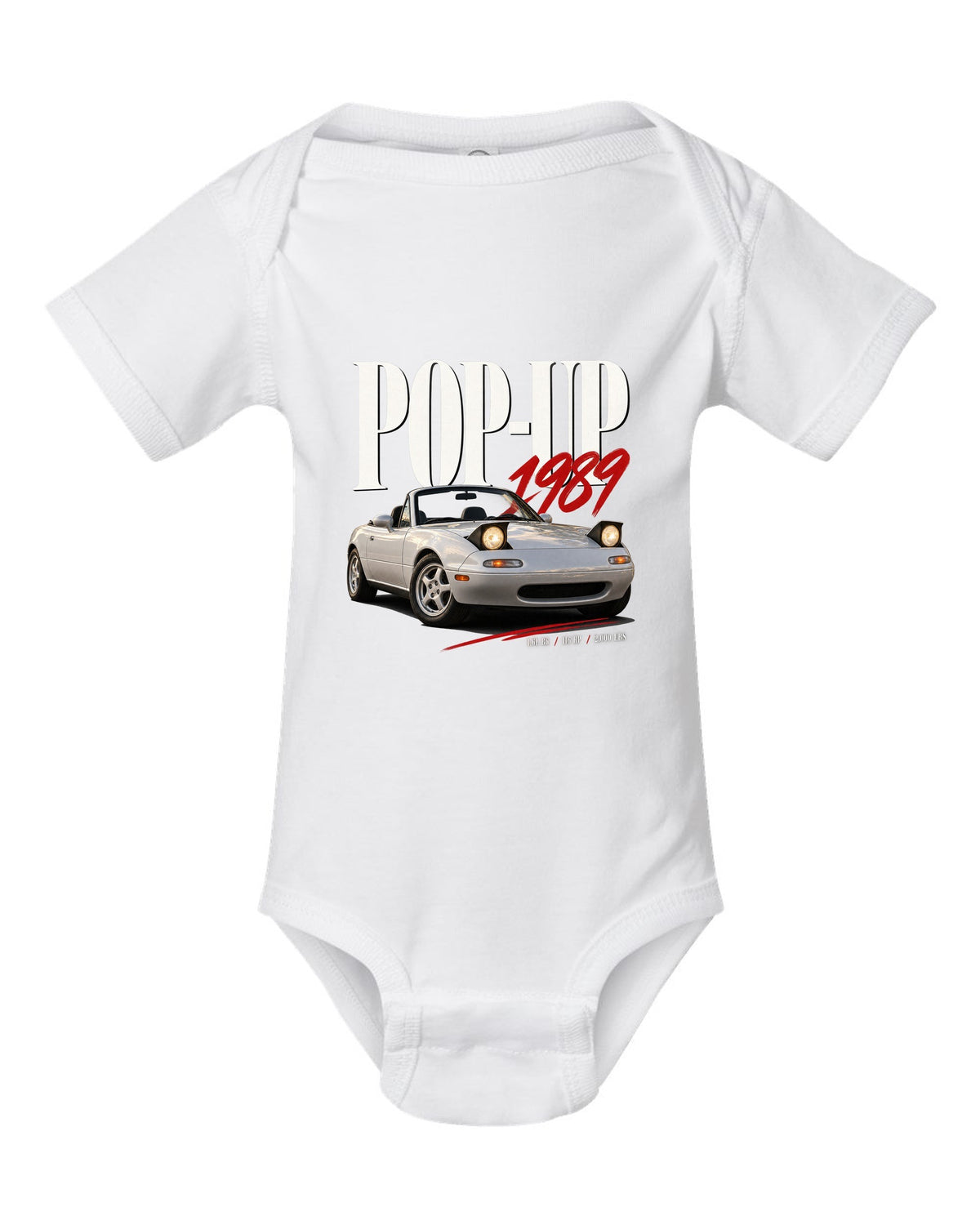 Editorial headline print for the Mazda MX-5 NA 1989-97 reading pop-up, 1989, 1.6L B6 white baby onesie front view with the design