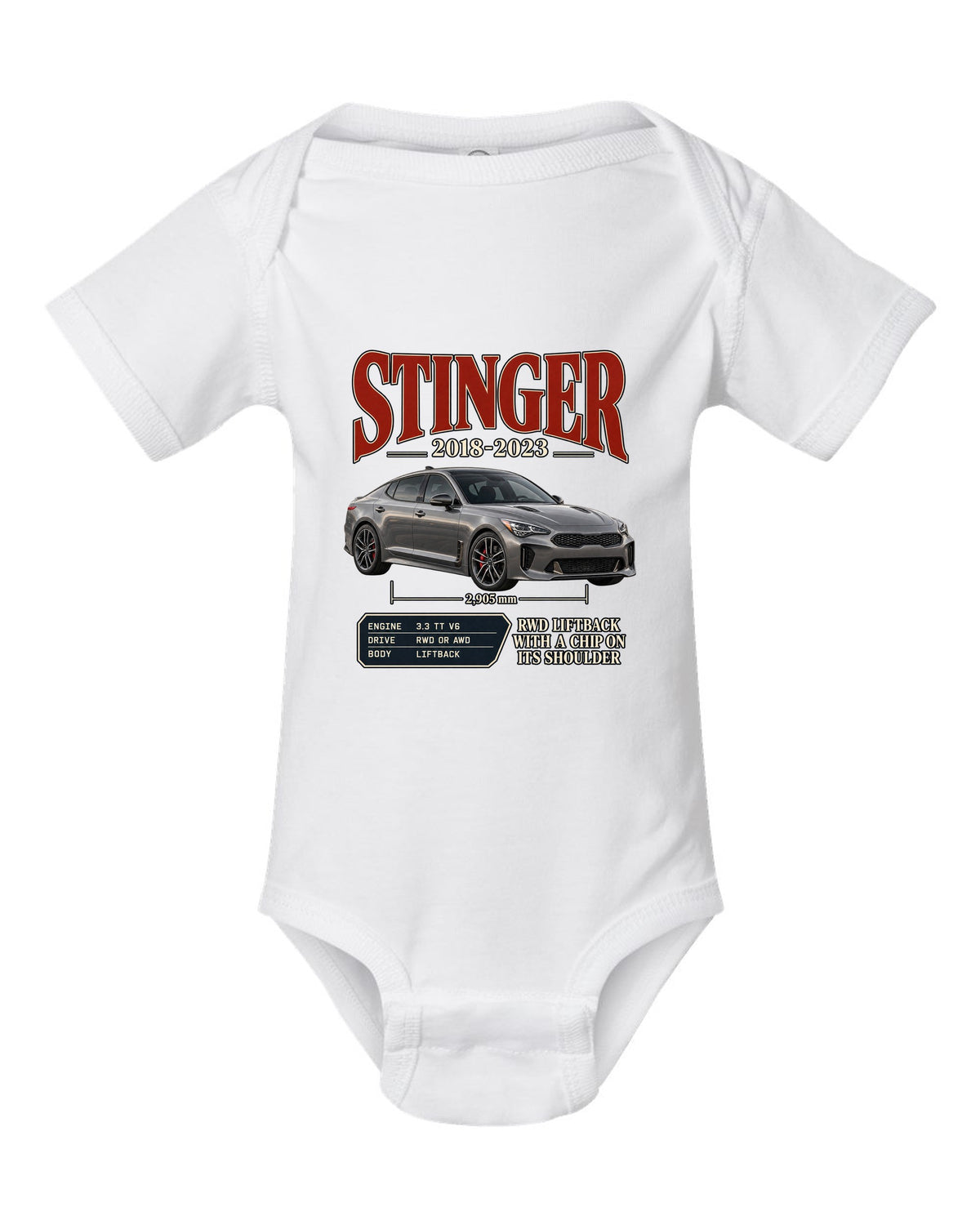 Kia Stinger GT archive panel print covering 2018 to 2023 white baby onesie front view with the design