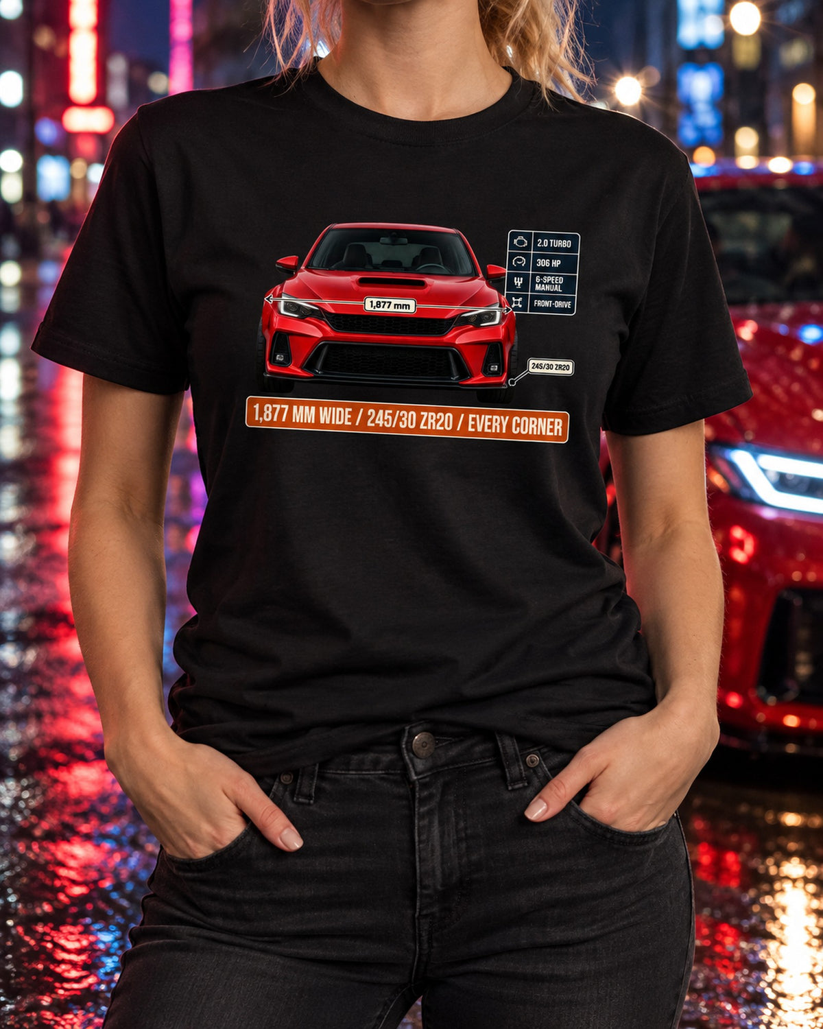 Civic Type R FK8 Front Elevation Spec Poster Tee, Rallye Red T-Shirt Black worn hero