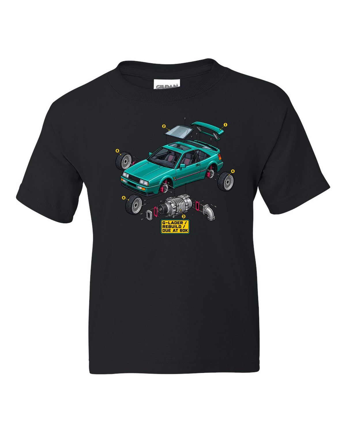 Exploded cutaway engine illustration of a VW Corrado G60 with G-Lader rebuild due at 60K text black kids tee front view with the design