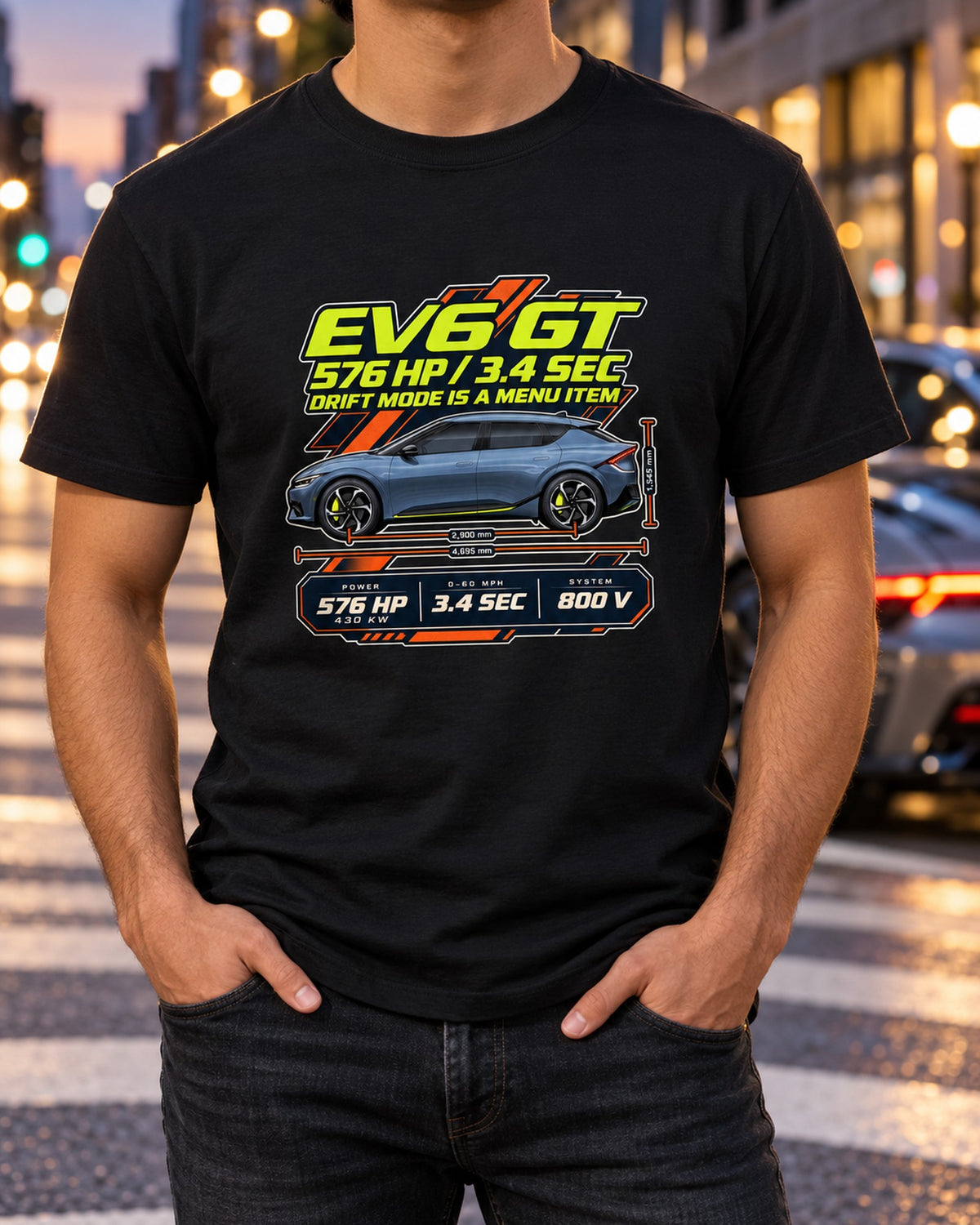 Kia EV6 GT Spec Poster Shirt, 576 HP Drift Mode Menu Joke T-Shirt Black worn hero