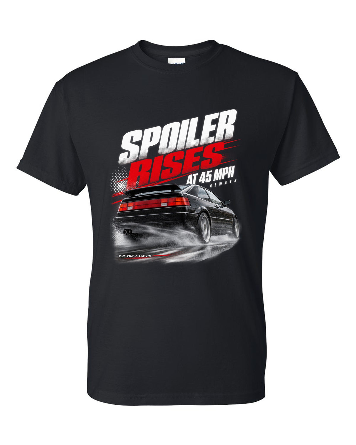 Race poster print of a VW Corrado VR6 rear three-quarter with spoiler rises at 45 mph text black t-shirt front view with the design