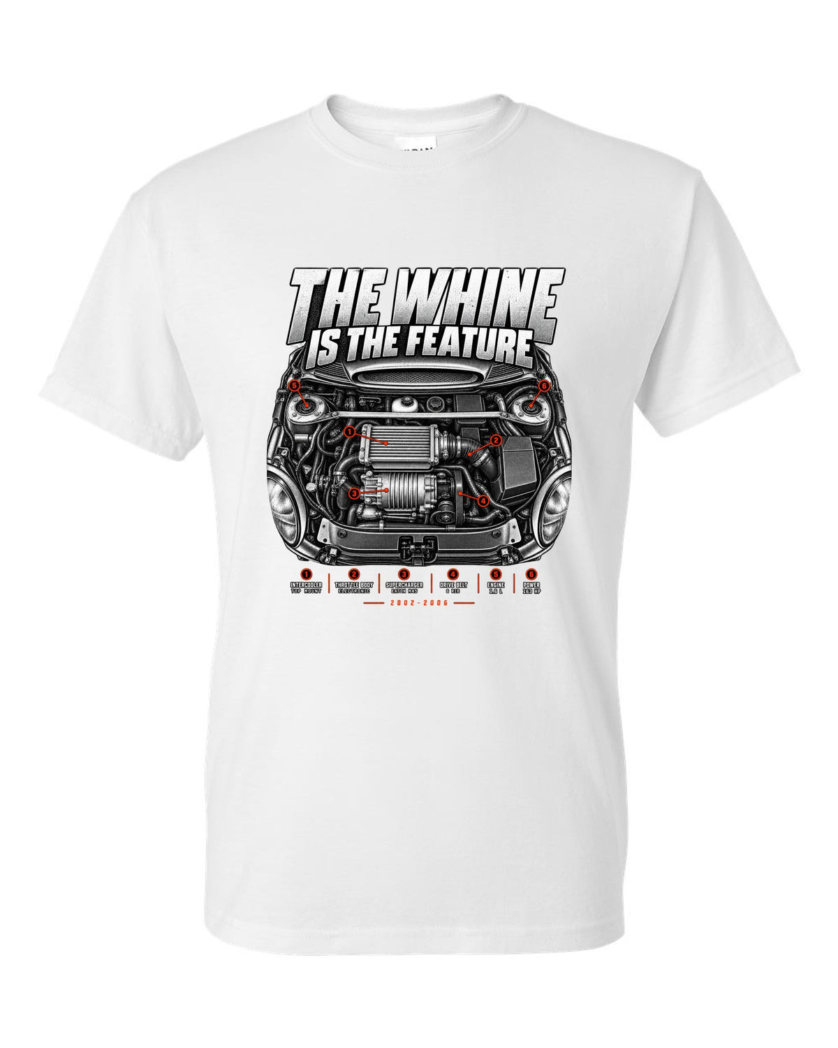Mini Cooper S R53 engine bay print with supercharger callouts and whine text white t-shirt front view with the design