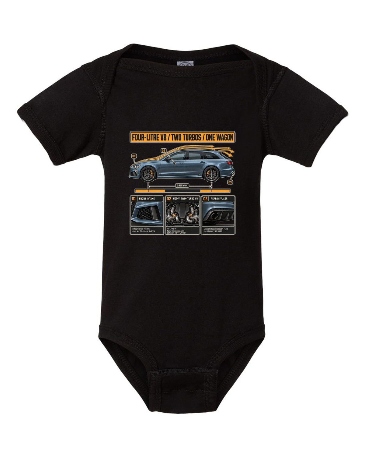 Audi RS6 Avant C7 steel blue aero cutaway callouts print black baby onesie front view with the design