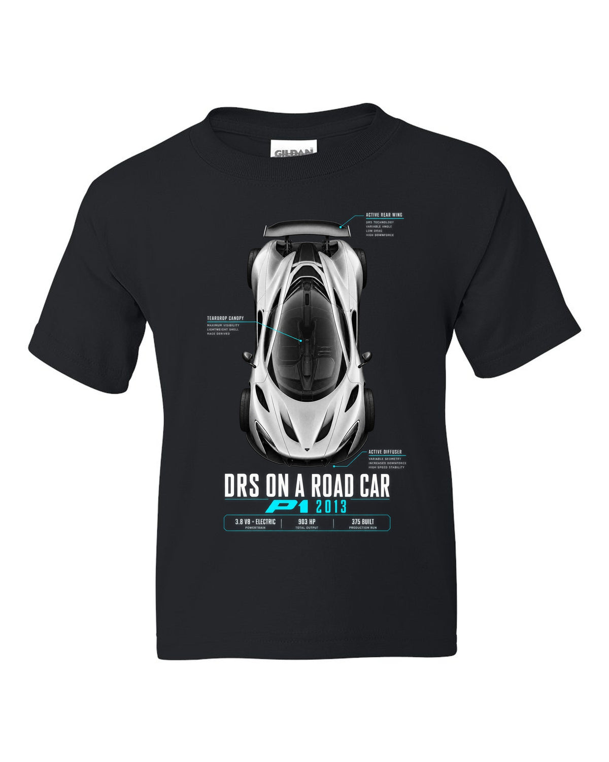 Spec poster print of a 2013 McLaren P1 with DRS on a road car text black kids tee front view with the design