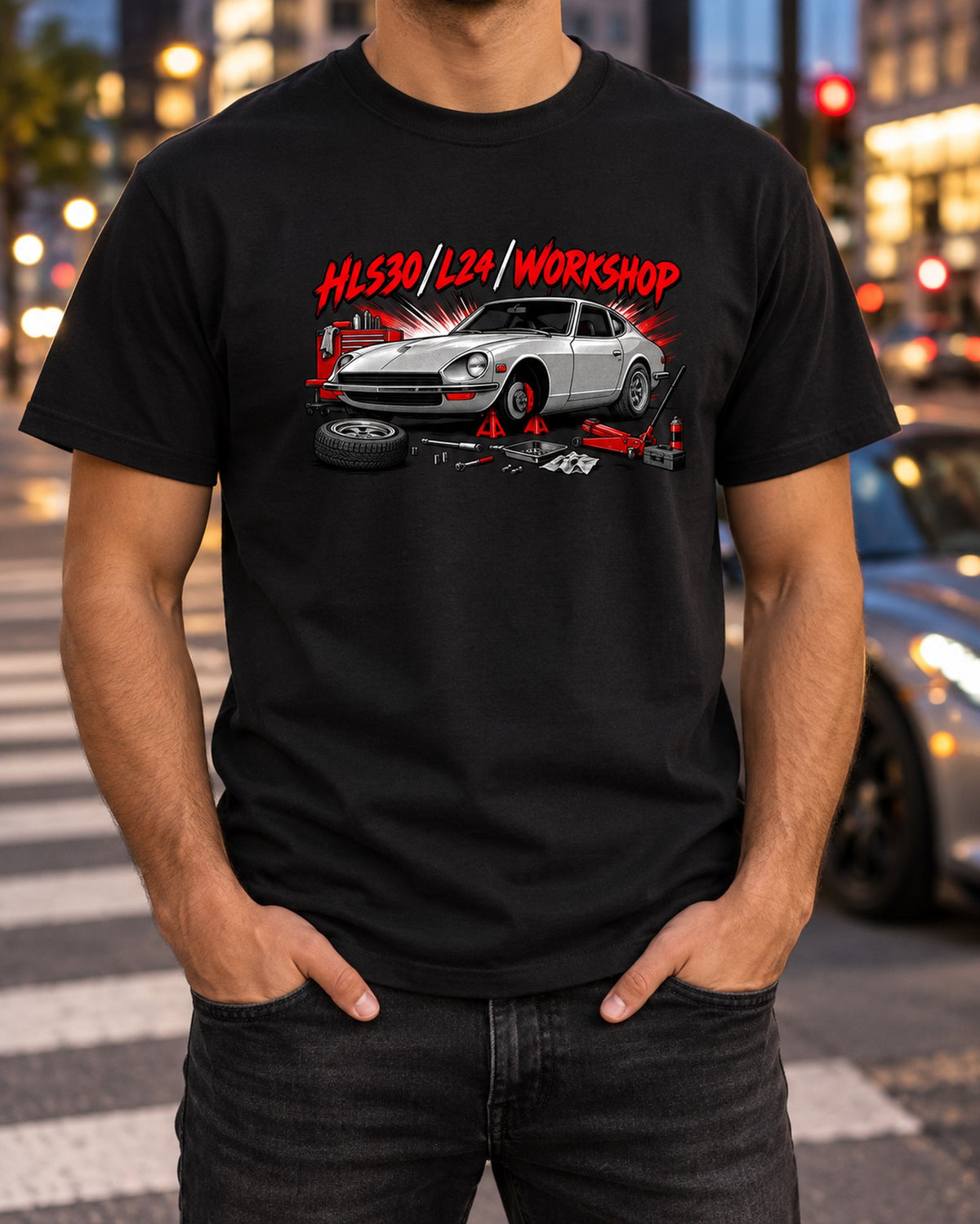 Datsun 240Z HLS30 L24 Retro Manga Panel Shirt, Workshop T-Shirt Black worn hero