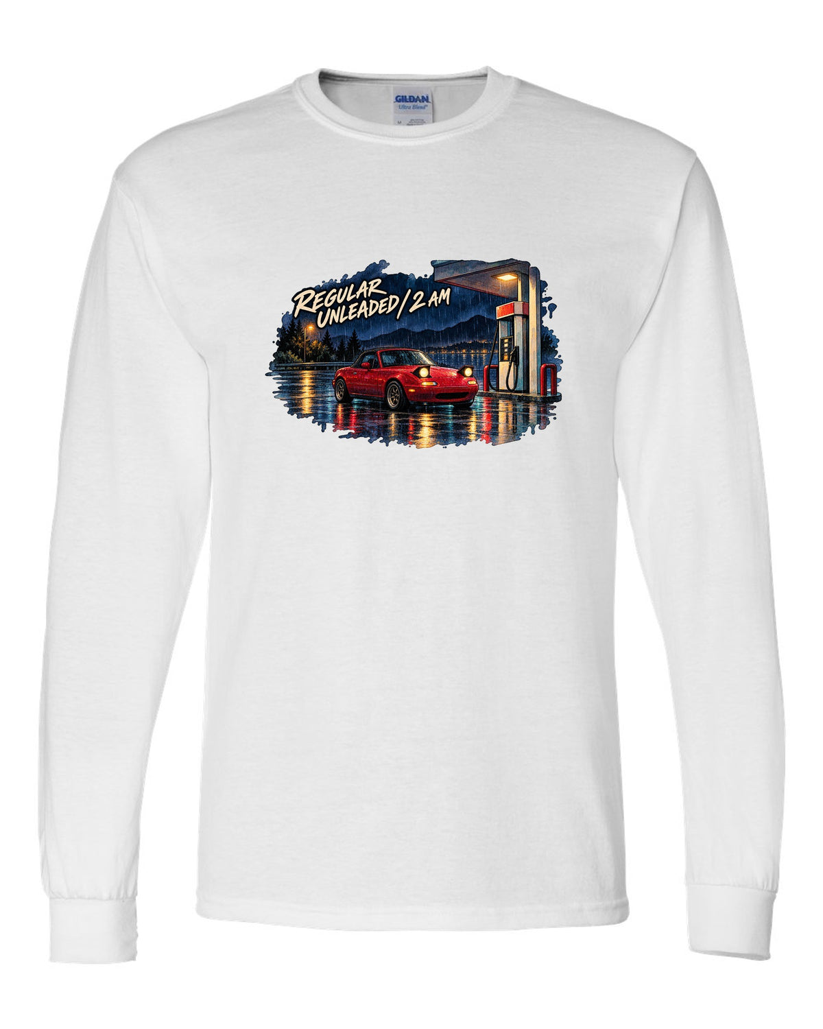 Watercolour wet-road night scene of a Mazda MX-5 NA at a fuel stop white long sleeve front view with the design