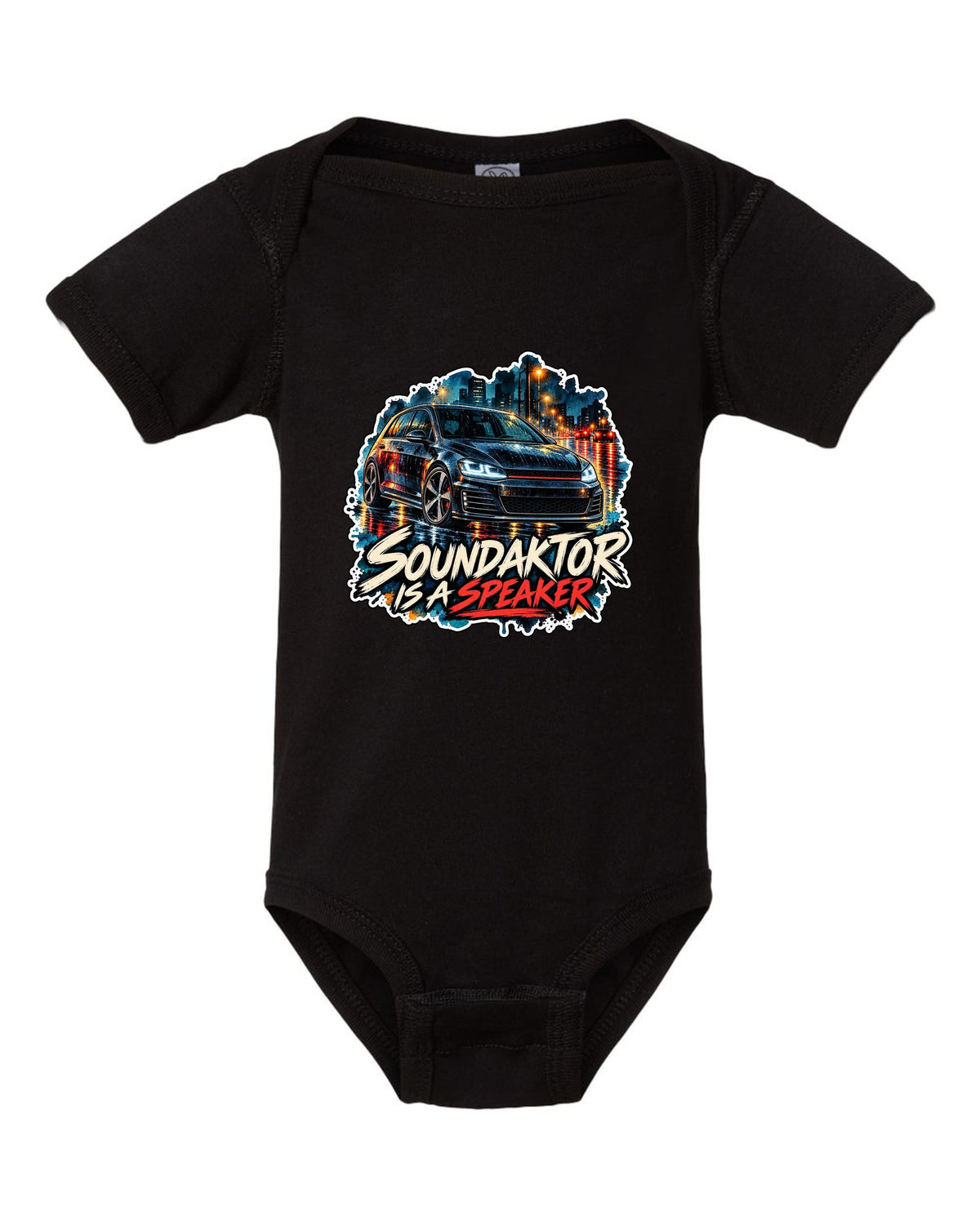 Watercolour wet-road night scene of a VW Golf Mk7 GTI with Soundaktor is a speaker text black baby onesie front view with the design