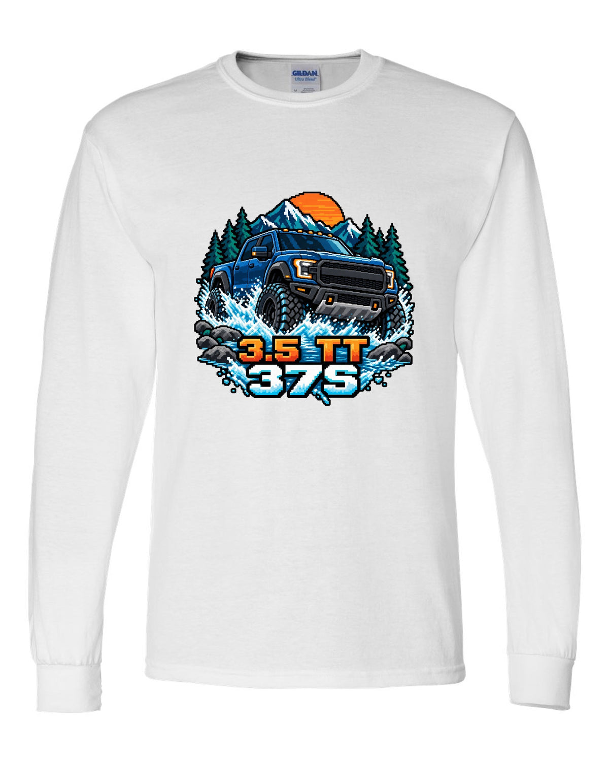 8/16-bit pixel art print of a Ford F-150 Raptor Gen 3 P702 crossing a river white long sleeve front view with the design