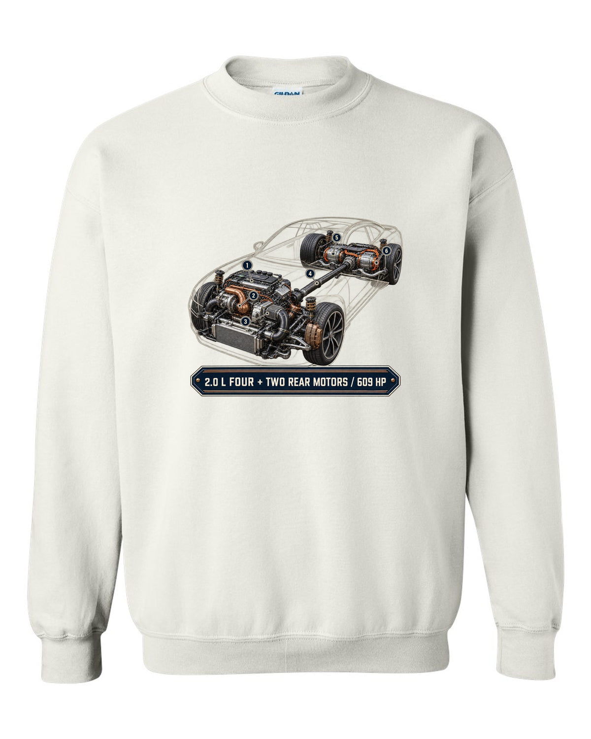 Polestar 1 hybrid drivetrain illustration, engine hero print white crewneck front view with the design