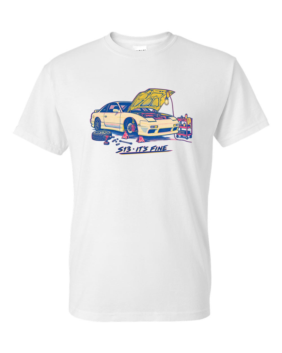 Risograph workshop print of a Nissan S13 with S13 it's fine lettering white t-shirt front view with the design