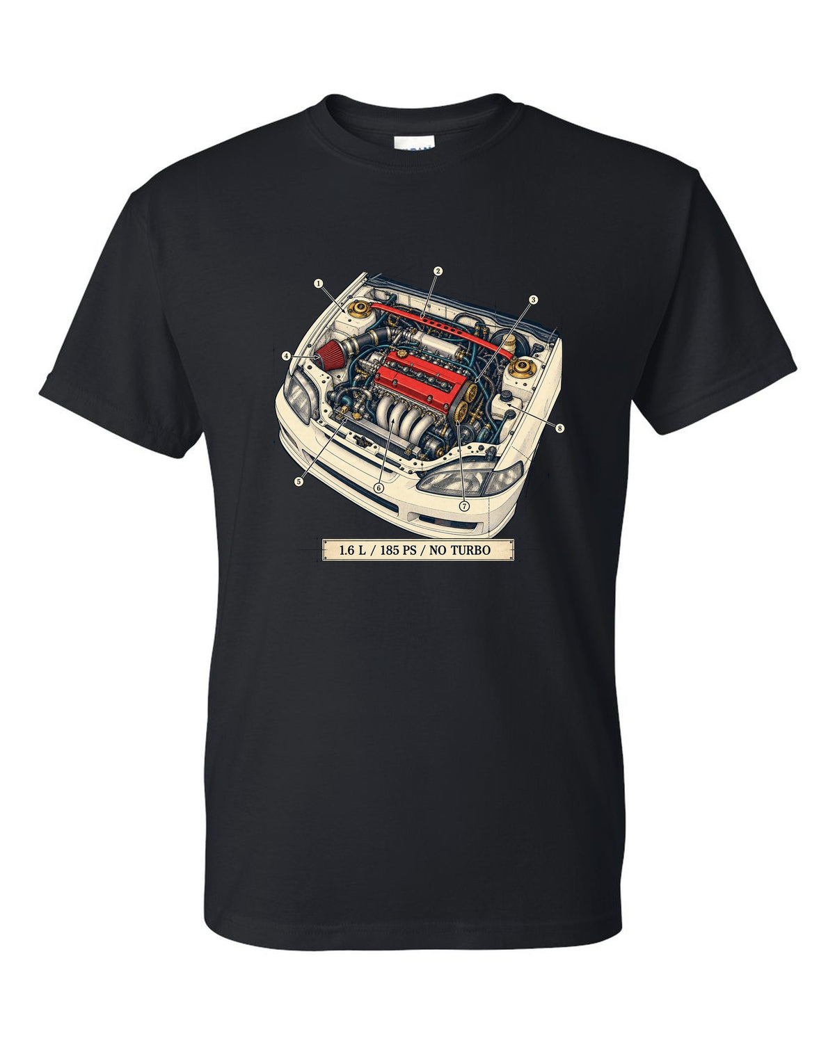 Patent drawing line art of the Honda Civic Type R EK9 with B16B spec text black t-shirt front view with the design