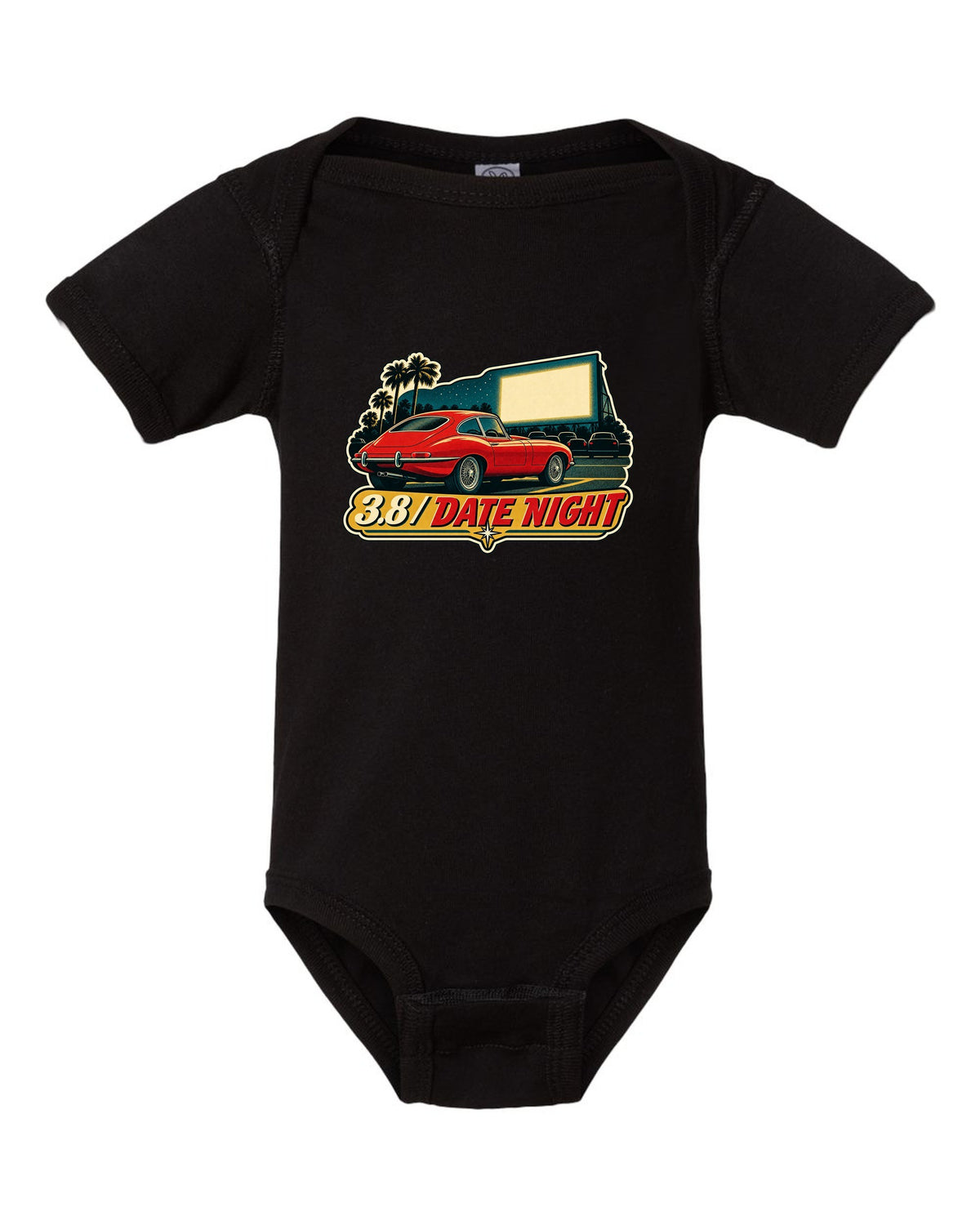 Jaguar E-Type Series 1 vintage race poster with 3.8 DATE NIGHT lettering black baby onesie front view with the design