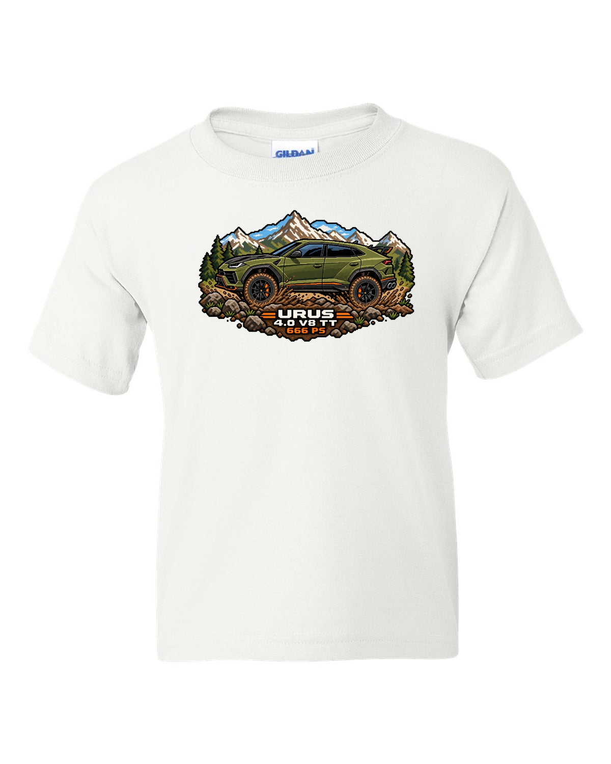 16-bit pixel art Lamborghini Urus Performante climbing a muddy hill with text URUS / 4.0 V8 TT / 666 PS white kids tee front view with the design