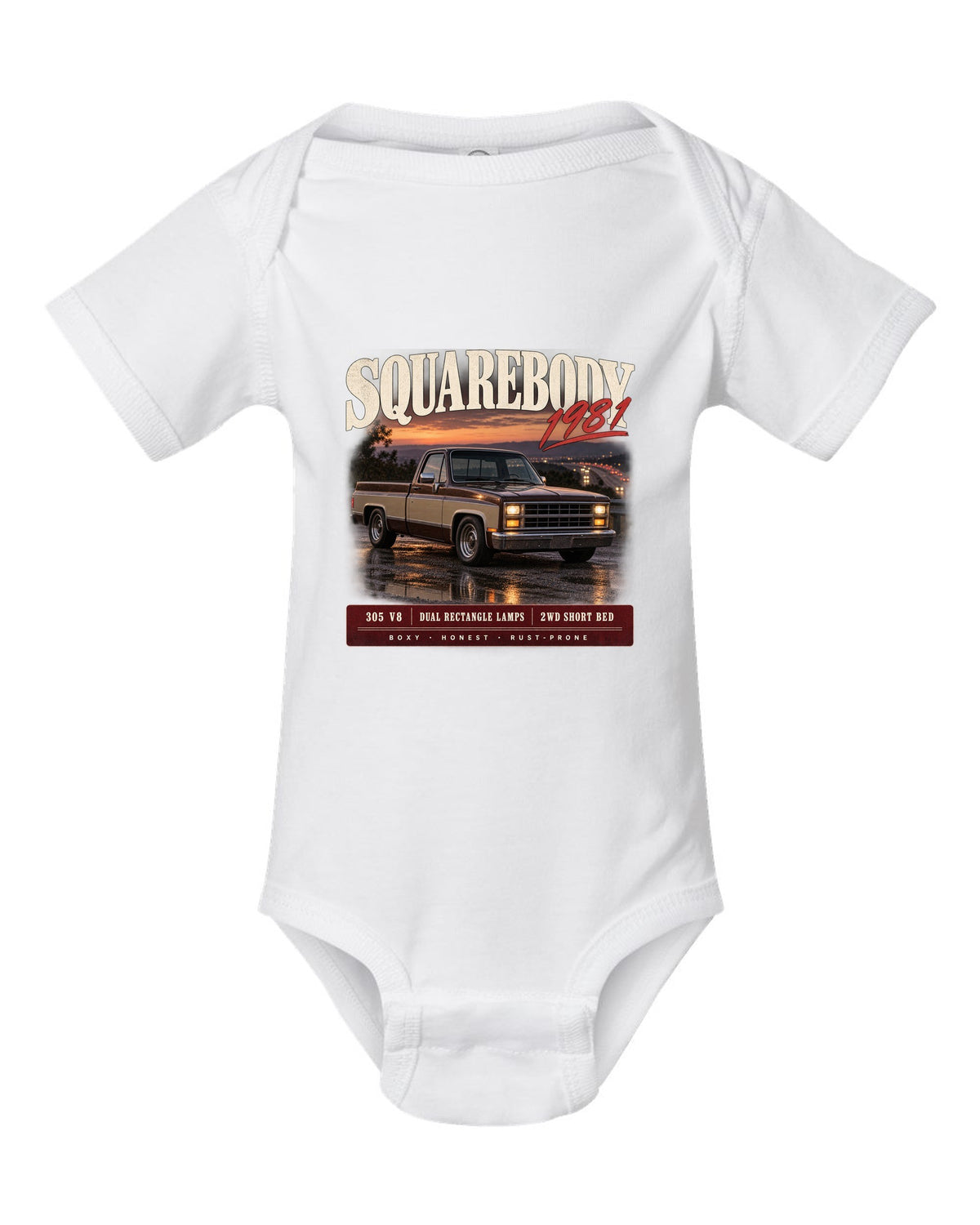 1981 Squarebody C10 Silverado archive panel print white baby onesie front view with the design