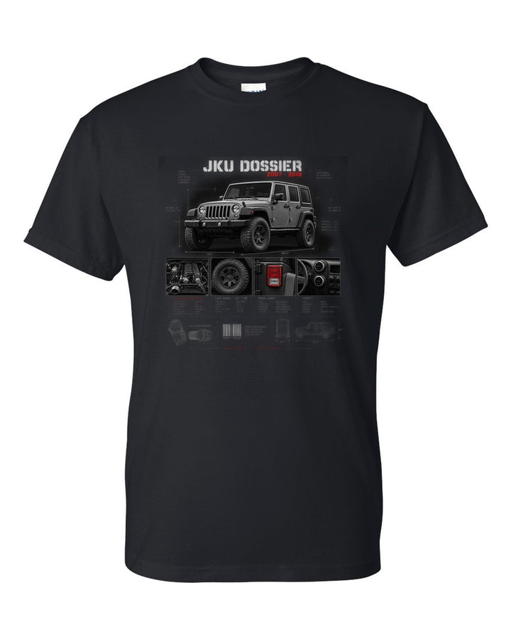 Dossier panel print for the Jeep Wrangler JKU four-door, 2007-2018 black t-shirt front view with the design