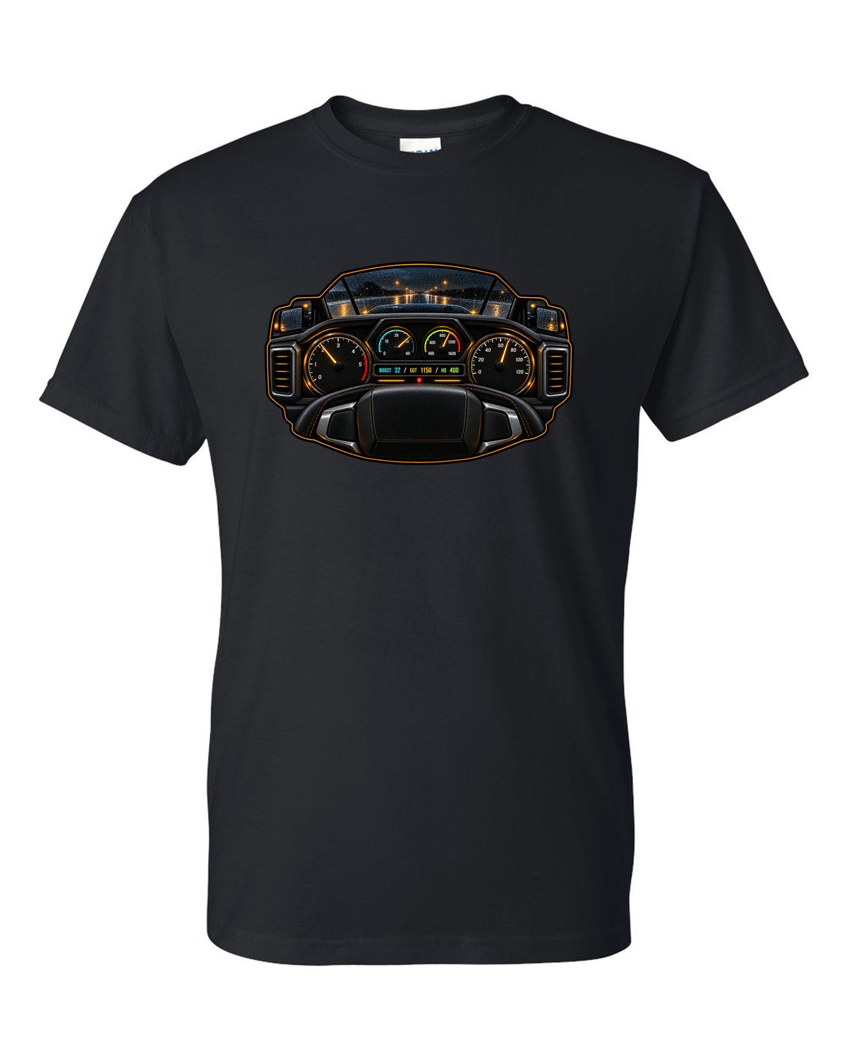 Night gauge-cluster HUD print of a 2019-2024 Ram HD 6.7 HO showing boost 32 EGT 1150 HO 400 black t-shirt front view with the design